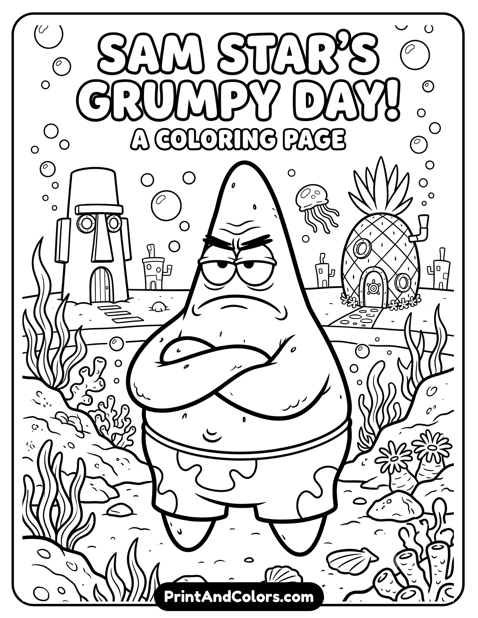 Black and white coloring page of Sam Star with a large frowning expression standing in Bikini Bottom, underwater scenery with bubbles and rocks, bold cartoon outlines, printable coloring sheet with humorous style