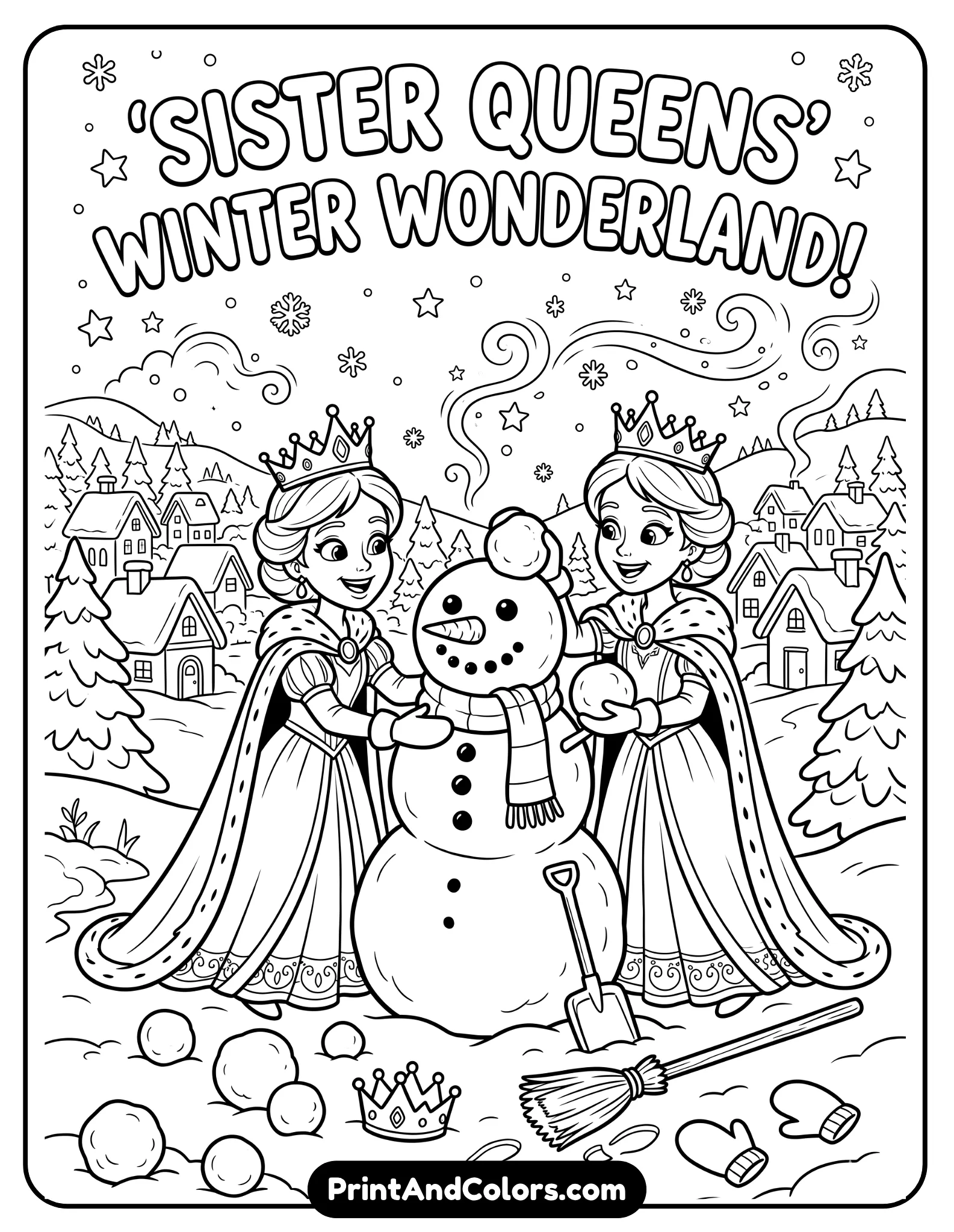 Fun black and white coloring page of Anna and Elsa building a large snowman together, snowballs and winter tools scattered around, snowy village background, cheerful expressions and magical winter atmosphere, printable coloring page with detailed cartoon-style outlines