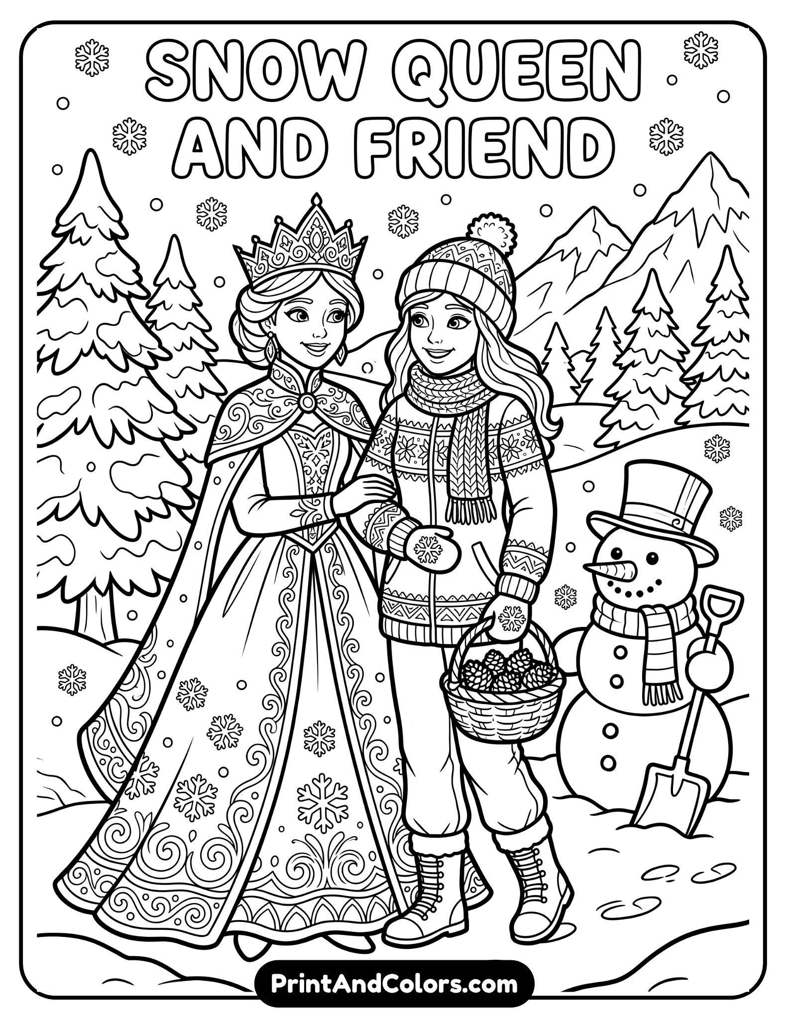 Frozen-inspired coloring page of Anna and Elsa smiling together in a snowy landscape, wearing winter outfits with detailed patterns, Olaf nearby, snow-covered trees and mountains in the background, printable black and white coloring book art with bold clean outlines