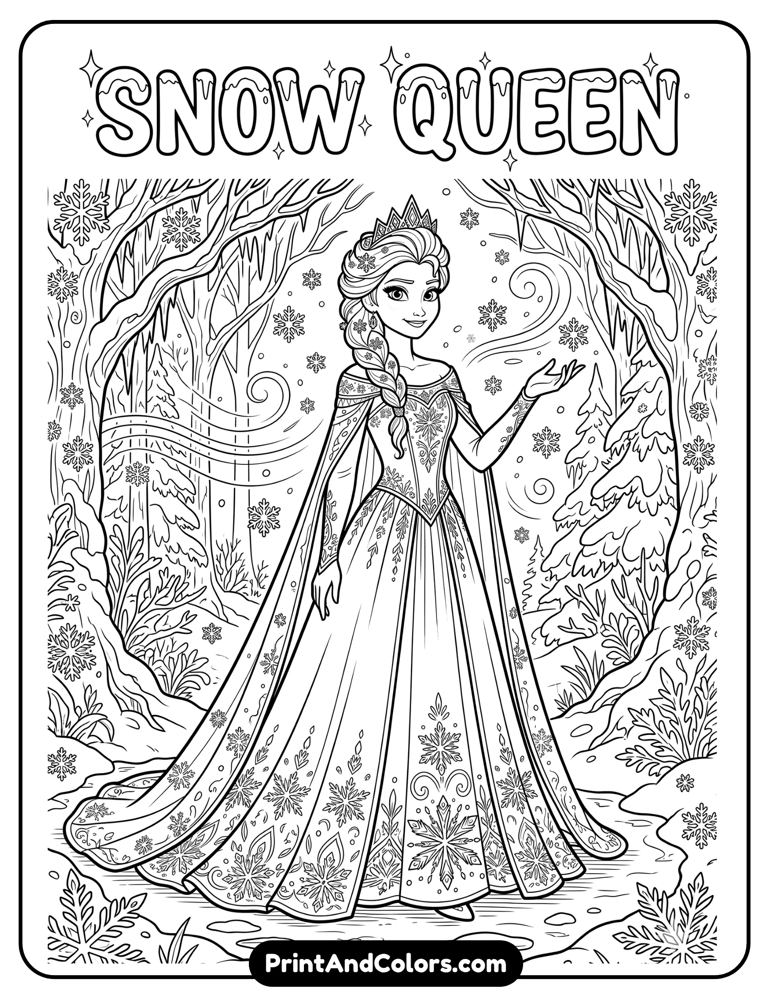 Frozen-inspired Elsa standing in a magical icy forest, wearing her signature long gown and cape, snowflakes swirling around her, icy trees and frozen ground in the background, expressive eyes, detailed line art for coloring books, bold and clean outlines, printable black and white artwork