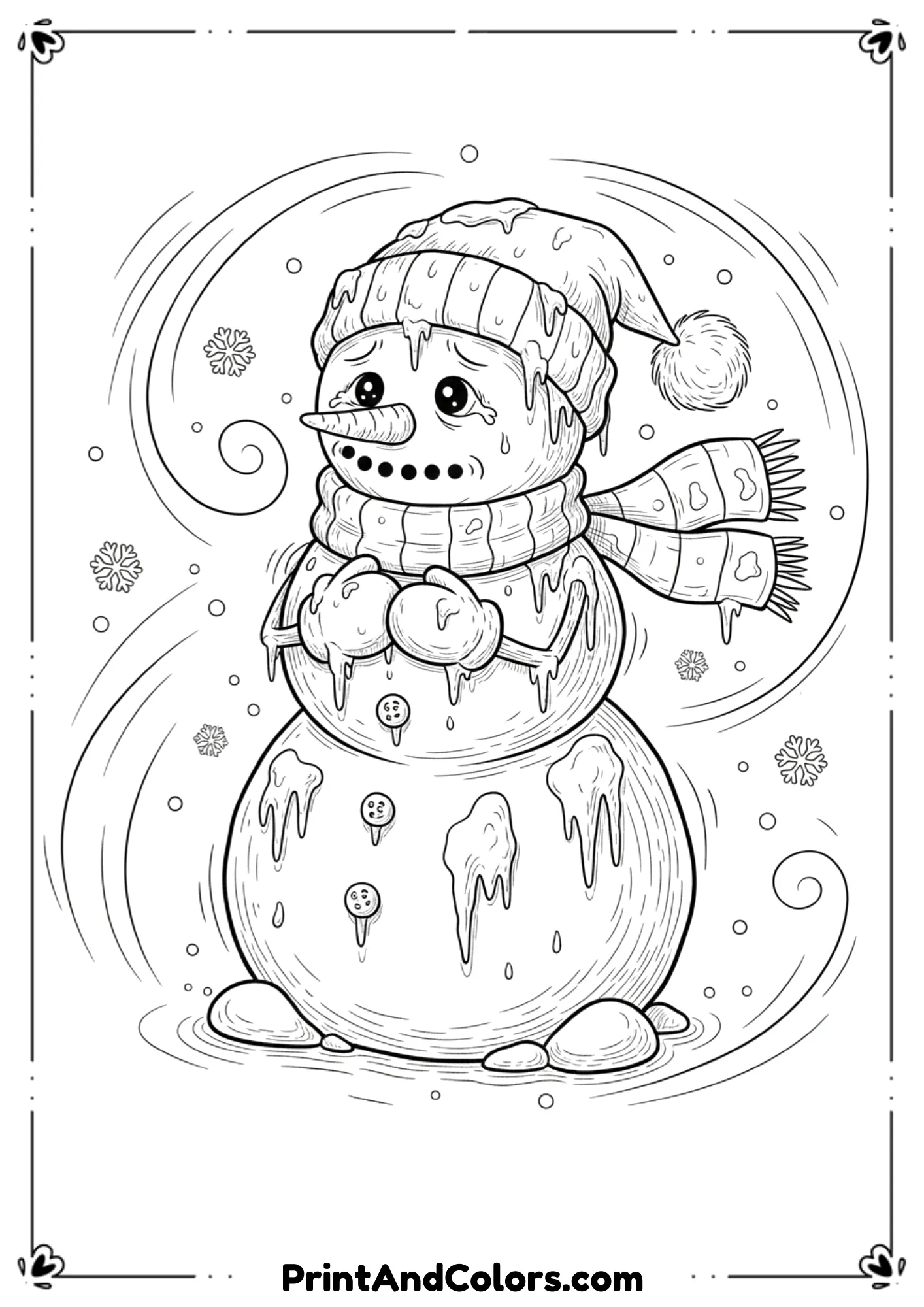 Cute snowman covered with icicles, frosty texture lines, shivering pose, winter winds indicated by simple swirl lines.
