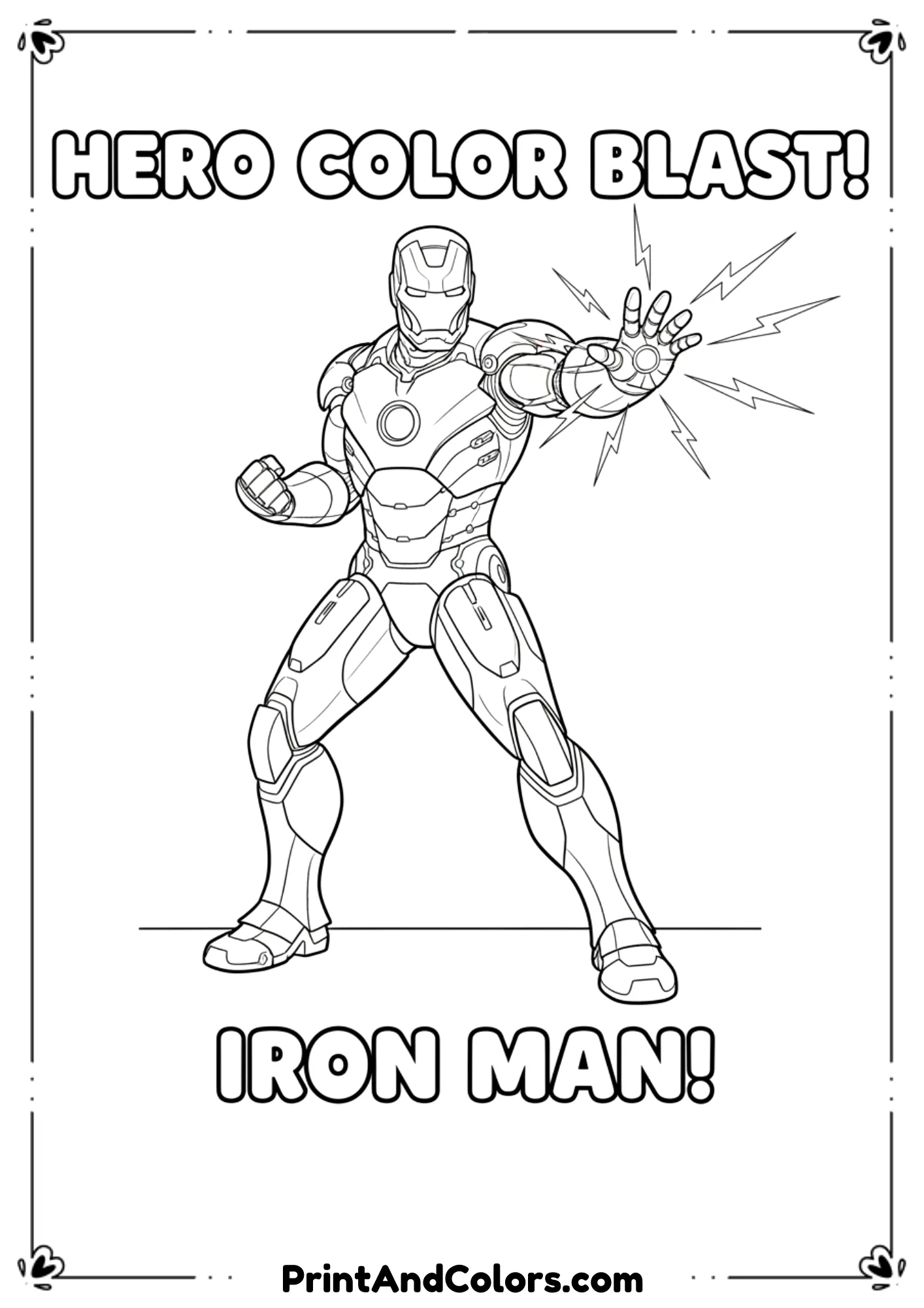  Line art of Iron Man showing his full body in a heroic stance, clear outlines of armor from head to toe.