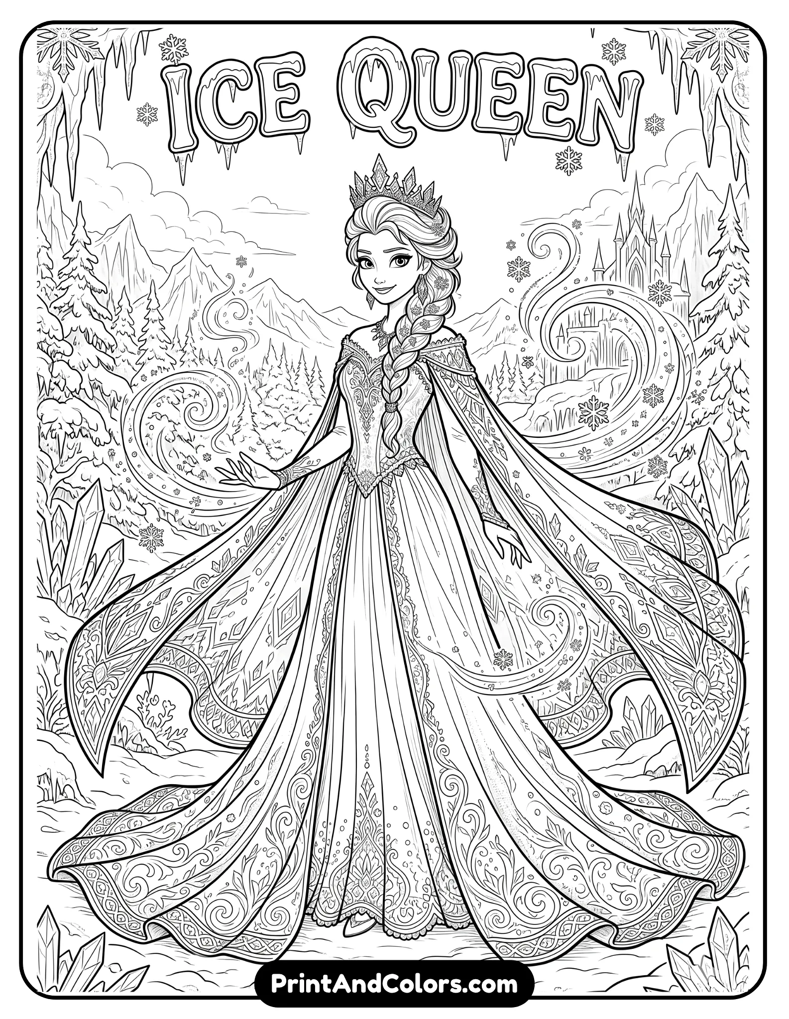 Full-body Elsa coloring page in black and white line art, Elsa standing elegantly with her long flowing ice gown and cape spread across the page, detailed braid hairstyle, snowflakes swirling around her, magical frozen landscape background, clean printable outlines, highly detailed full-size composition for coloring books