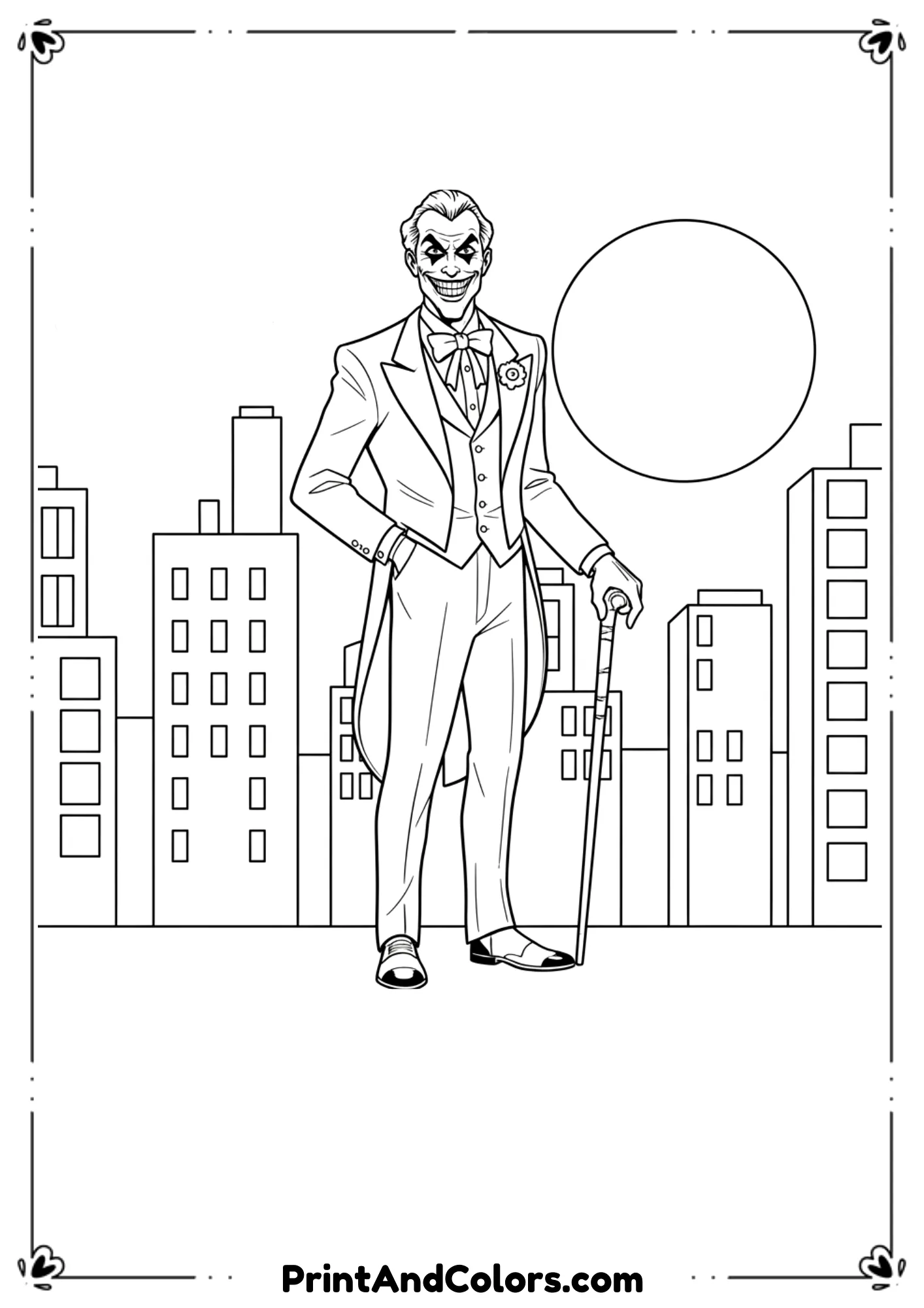 Full body Joker standing with cane in black and white line art, detailed but clear outlines.
