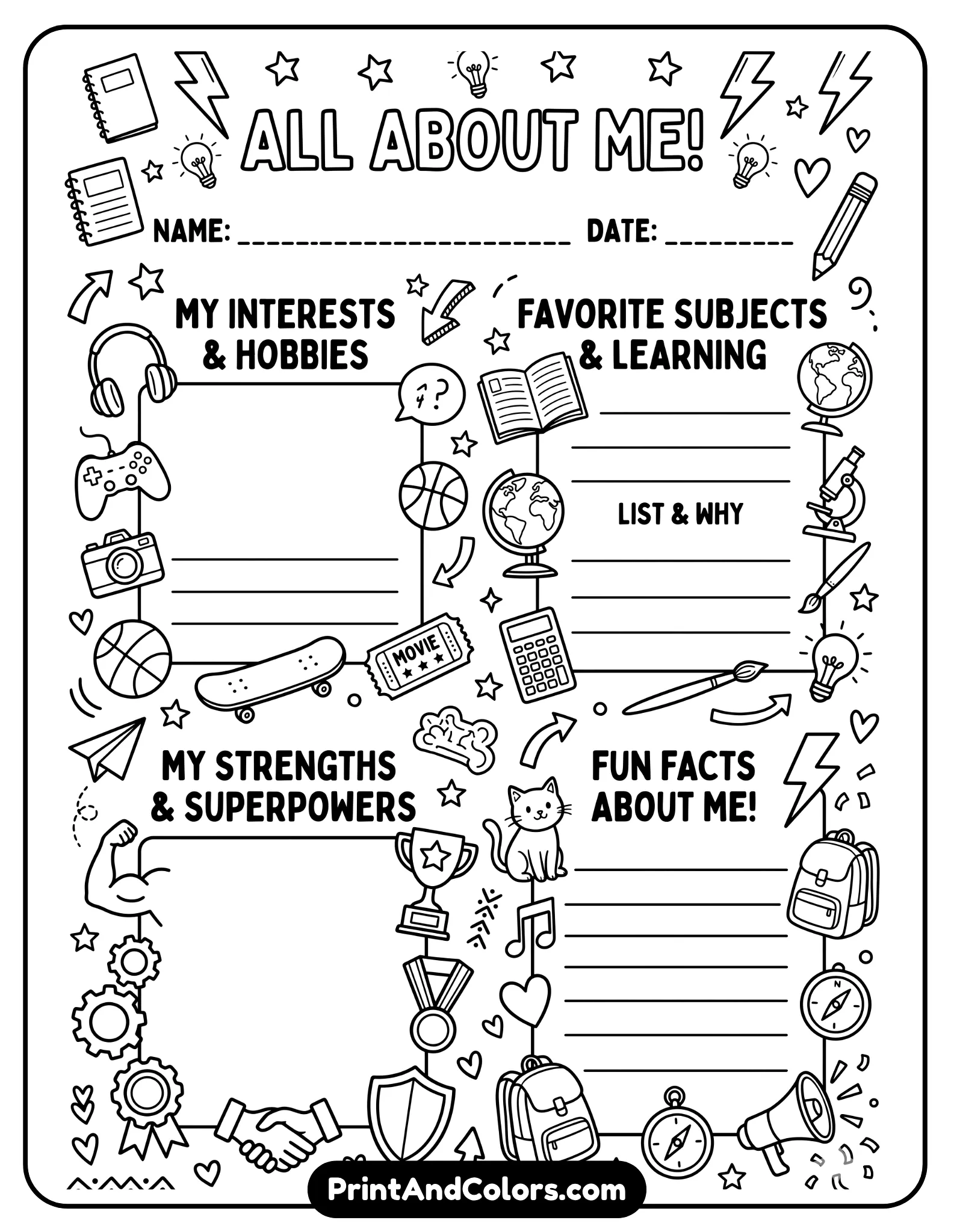 black-and-white worksheet designed for middle school students with fun but age-appropriate doodles like lightning bolts, stars, notebooks, and headphones. Include structured sections for interests, strengths, favorite subjects, and fun facts. Clean layout, bold outlines, no shading, printable classroom-friendly coloring page