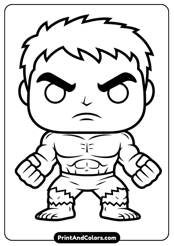 Cute stylized Funko Pop Hulk, large head, small body, simple clean outlines, cartoon details, black and white line art.