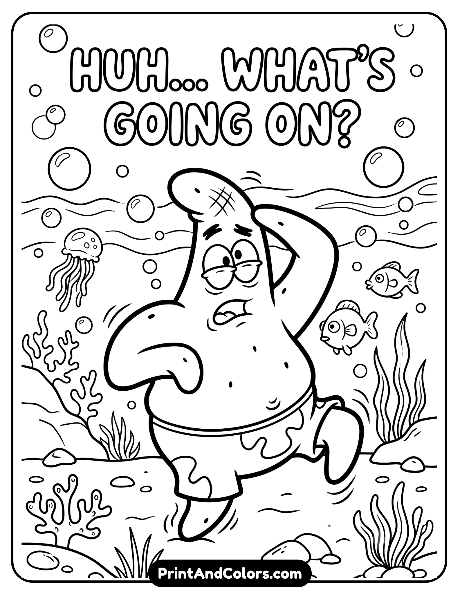 Humorous black and white coloring page inspired by Patrick Star meme style, exaggerated silly pose, confused expression, simple underwater background with bubbles, cartoon meme-style line art, bold outlines, printable funny coloring sheet