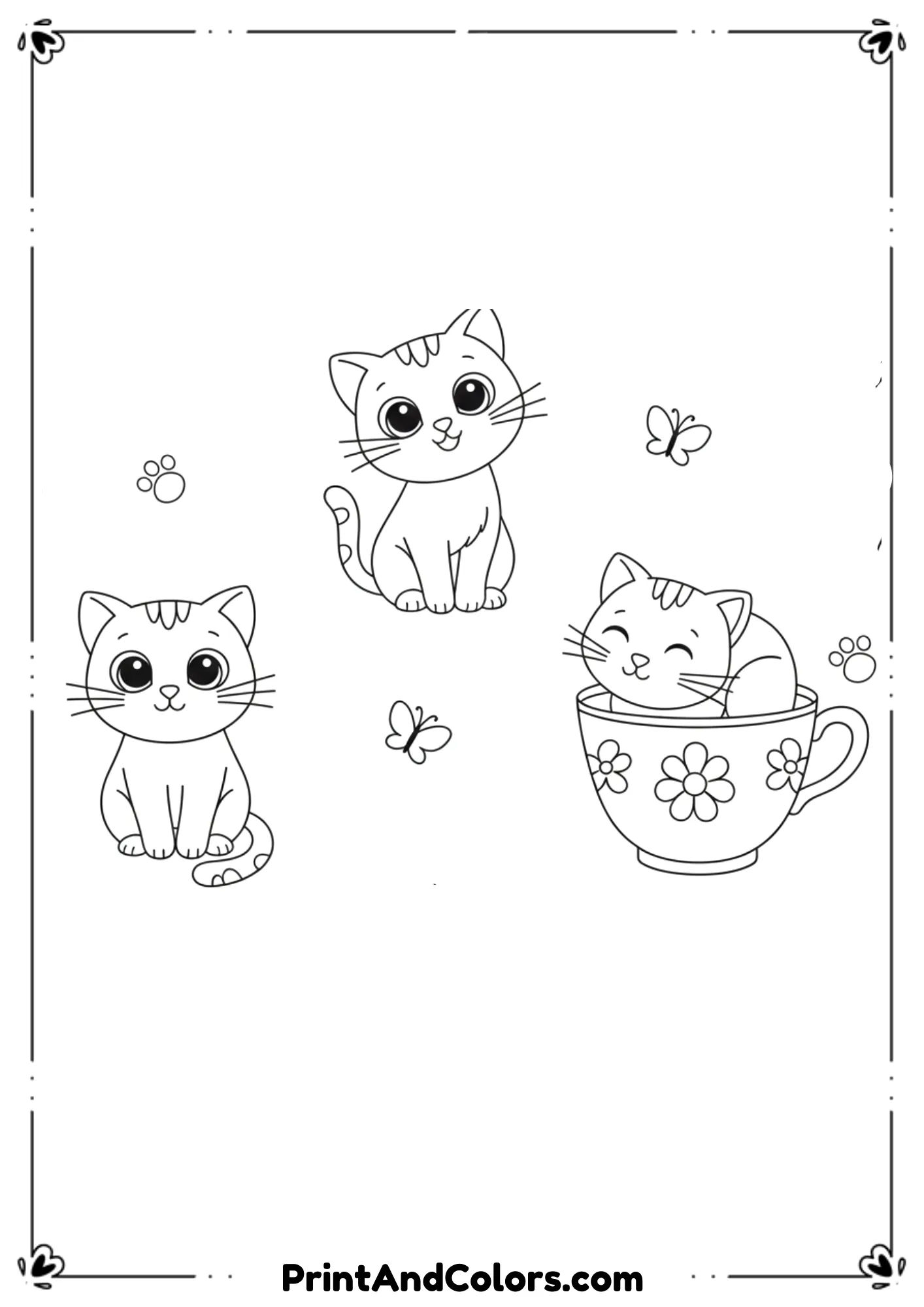 Pattern of multiple funny kittens in different poses, repetitive cute designs in clean line art for coloring.
