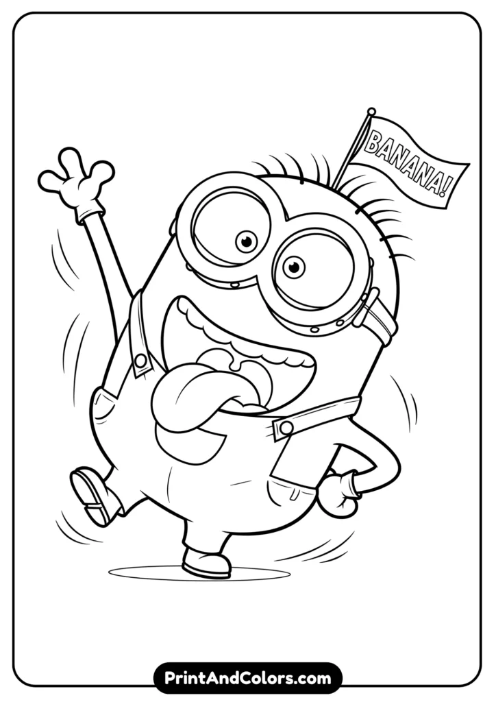 Minion in a funny pose with exaggerated expression, cartoon-style line art for coloring