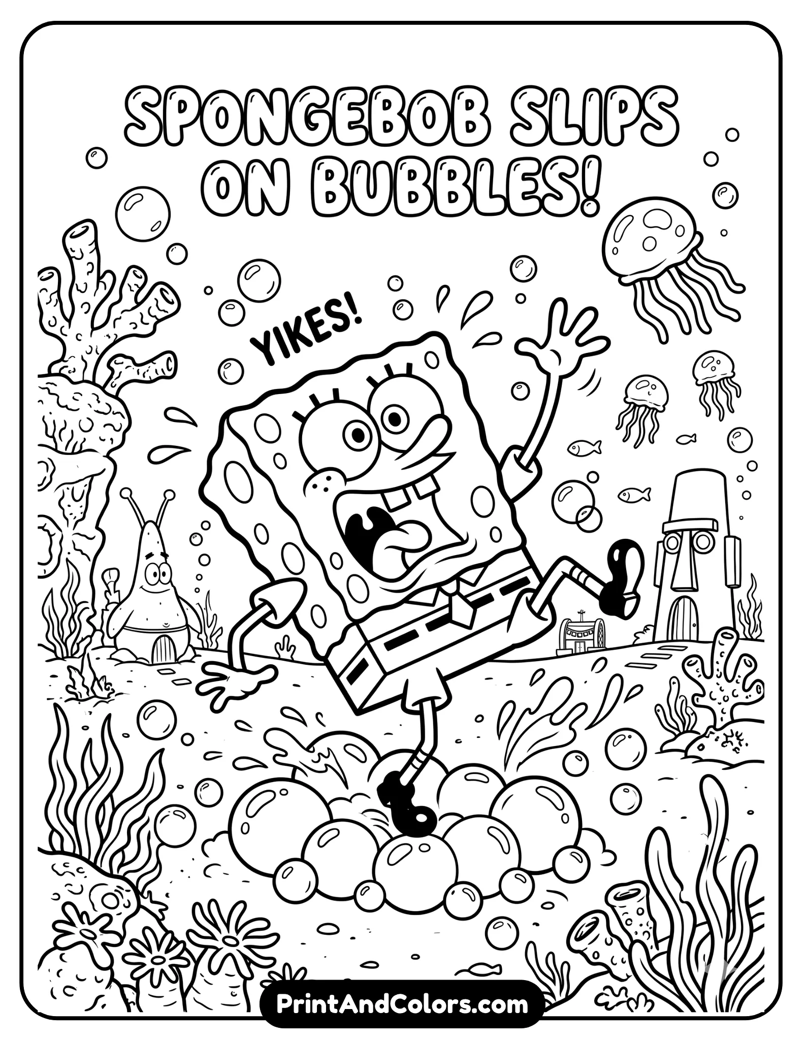 Humorous black and white coloring page of SpongeBob making a silly exaggerated face while slipping on bubbles underwater, funny cartoon action pose, Bikini Bottom background with coral and jellyfish, clean printable outlines, playful line art style