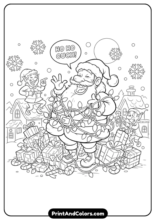 A humorous Santa scene—Santa slipping on snow, Santa laughing, or Santa tangled in Christmas lights. Exaggerated expressions and cartoon-style outlines