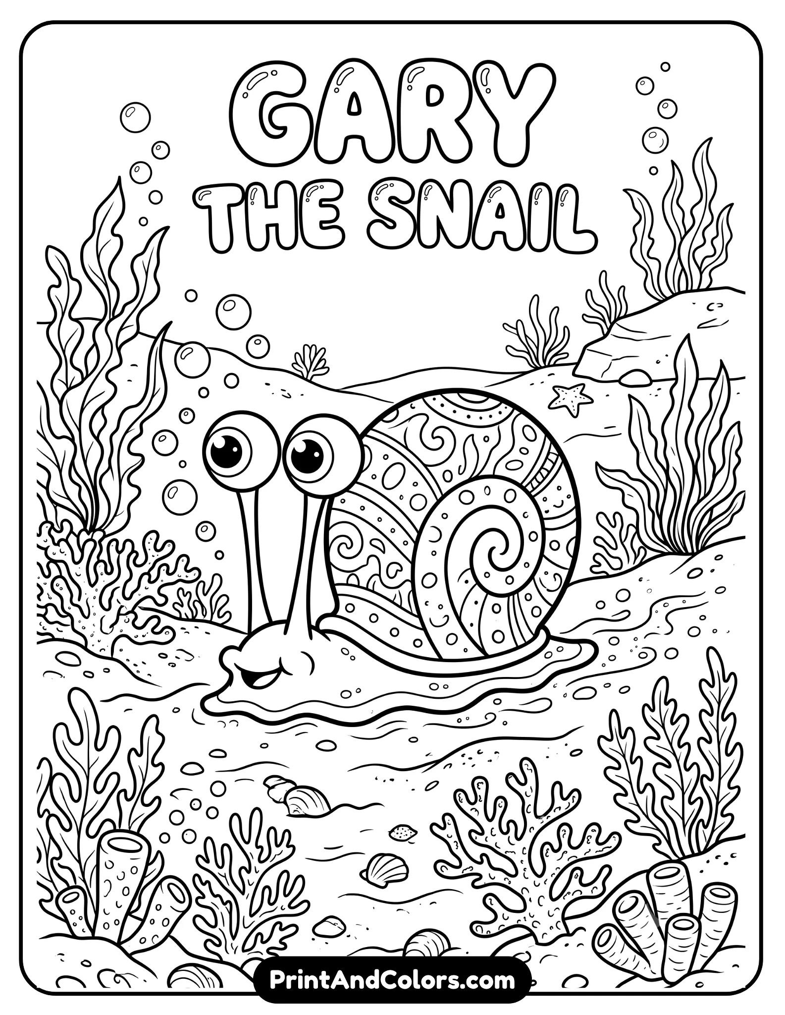 Printable black and white coloring sheet of Gary the Snail crawling across sandy ocean ground, spiral shell with decorative patterns, bubbles and sea plants around him, cute cartoon line art with clean outlines for coloring