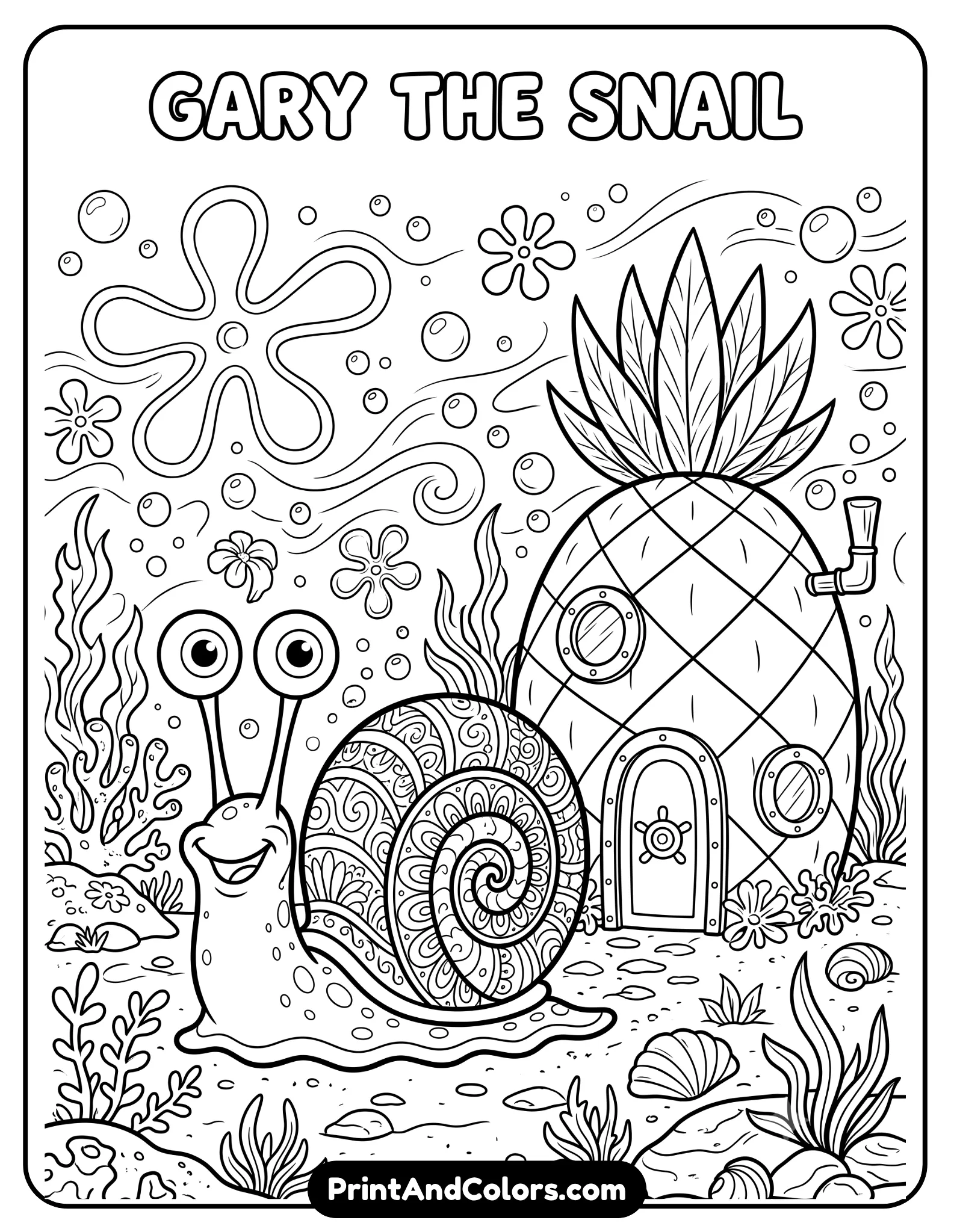 Black and white line art coloring page of Gary the Snail sitting beside SpongeBob’s pineapple house, detailed spiral shell patterns, large cartoon eyes on stalks, underwater bubbles and sea flowers around him, clean bold outlines, printable coloring page style, no shading