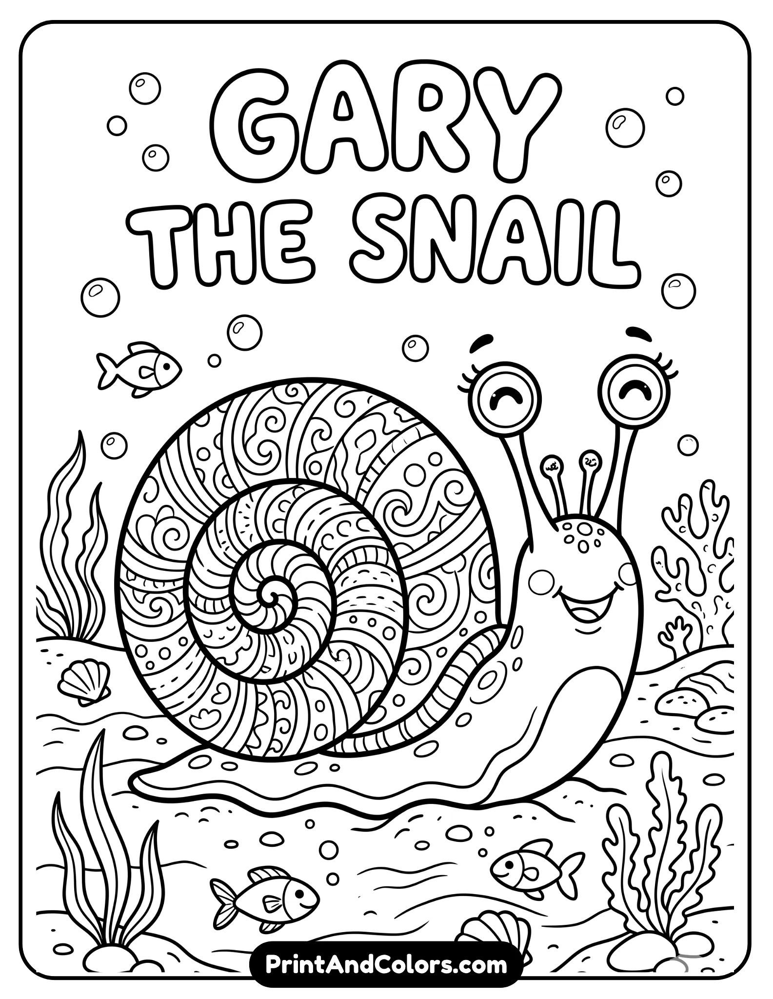 Cute black and white coloring page of Gary the Snail crawling happily with spiral shell details, large eyes on stalks, bubbles and sandy ocean floor background, simple but detailed cartoon outlines, printable coloring activity page, no shading