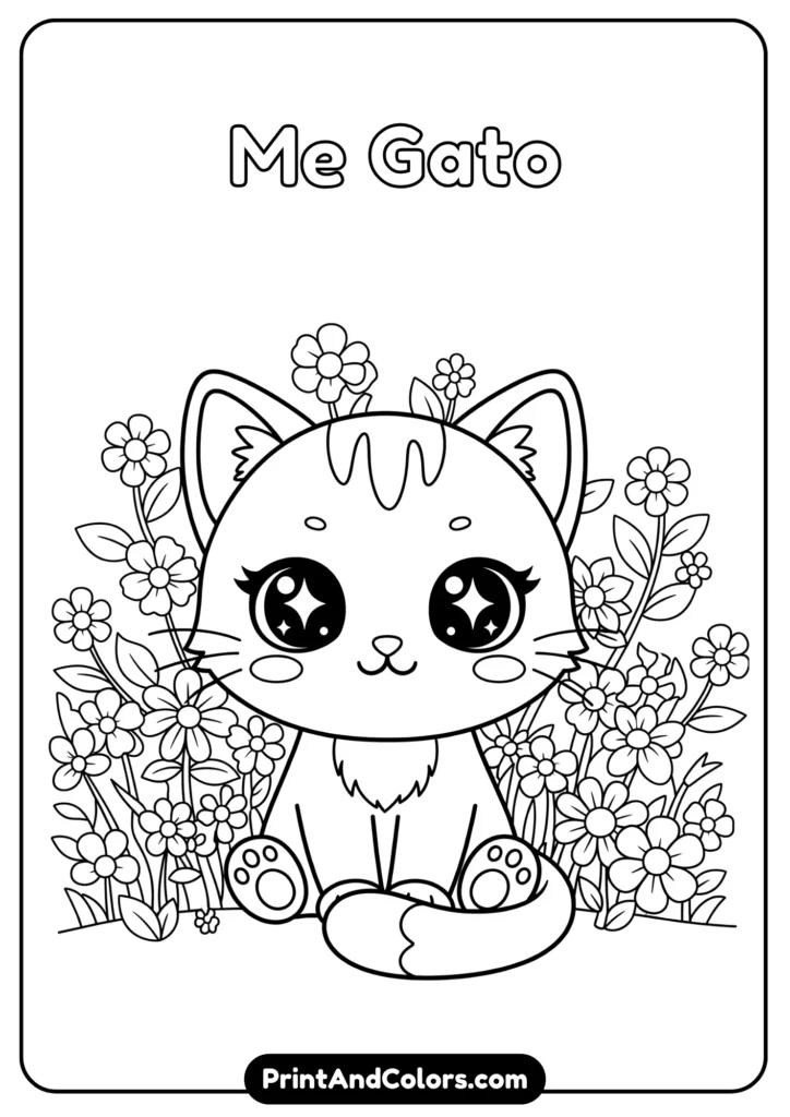 Black and white kawaii-style cat (“gato”) with sparkling eyes, sitting happily with flowers around, clear outlines