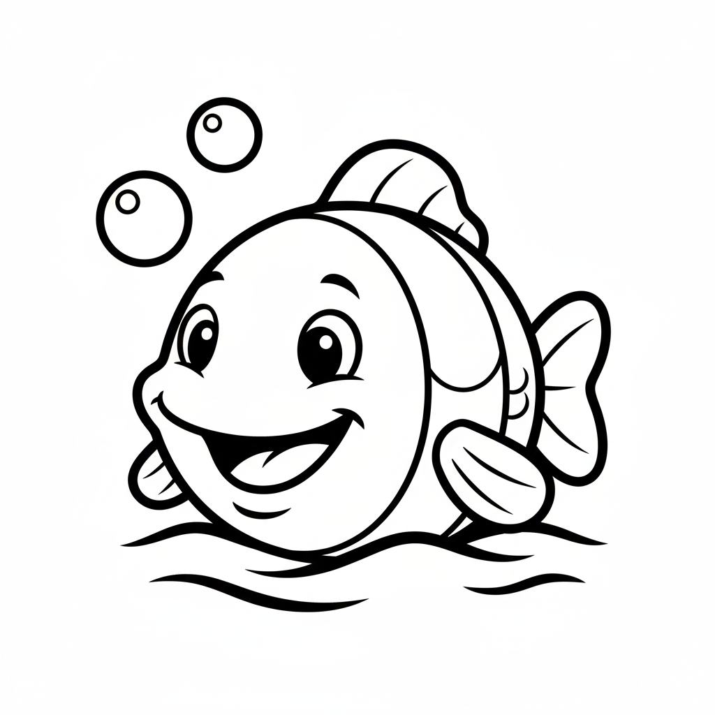 Create a Fisher-Price-style simple fish character with friendly shapes, rounded edges, and toy-like appearance. No shading, bold outlines.