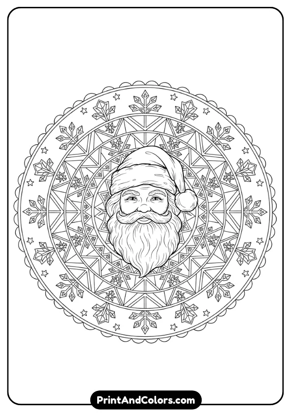 Santa portrait centered within geometric mandala circles, triangles, and snowflake shapes. Clear symmetrical design.