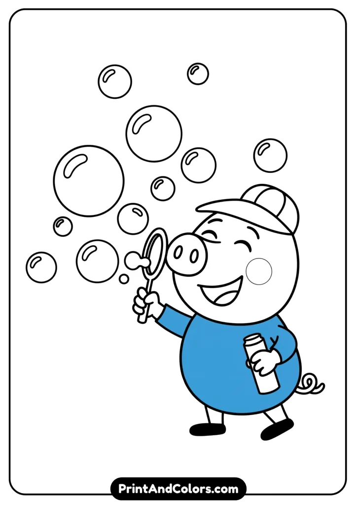 George Pig blowing soap bubbles with a wand, with bubbles floating around him. Simple line art style for kids to color.
