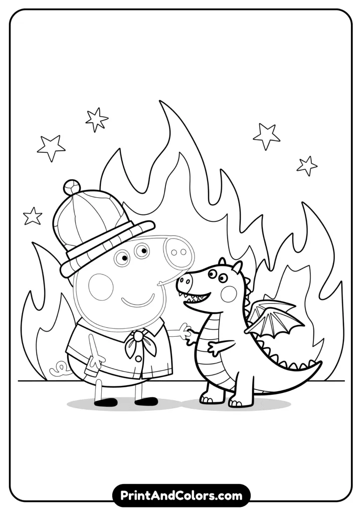 George Pig playing with a friendly toy dragon, both smiling. Fire and stars drawn simply in the background. Line drawing.