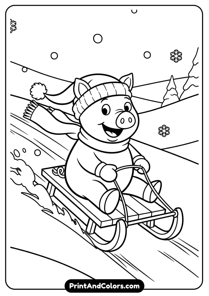 Line art of George Pig sitting on a sleigh sliding down a snowy hill with snowflakes falling around.