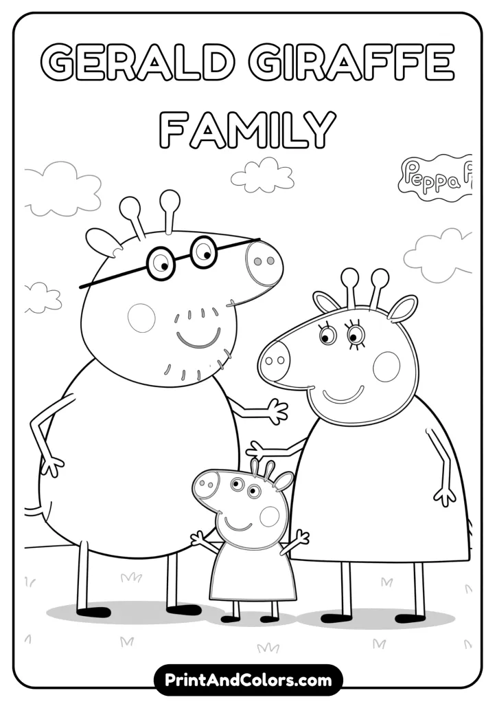 Gerald Giraffe standing with his parents in a friendly pose, drawn in clean line art for a printable coloring page.