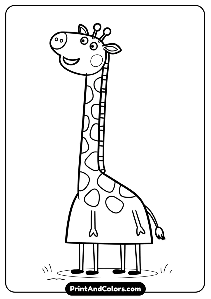 A cartoon-style line drawing of Gerald the Giraffe standing tall with a happy face, long neck, and minimal background.