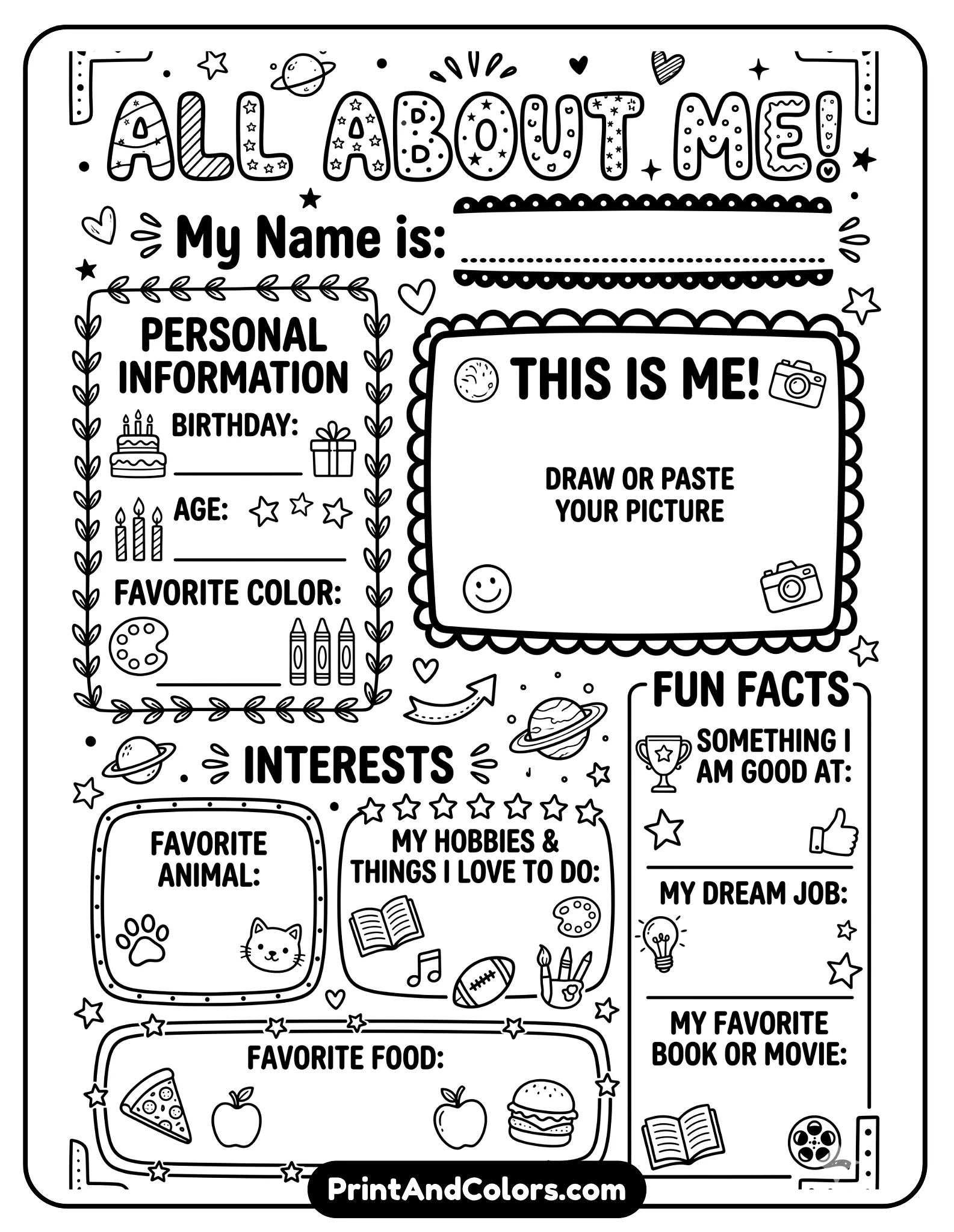 black-and-white poster template with large title area and clearly divided sections for personal information, interests, and fun facts. Simple decorative borders, bold outlines, printable classroom poster format.