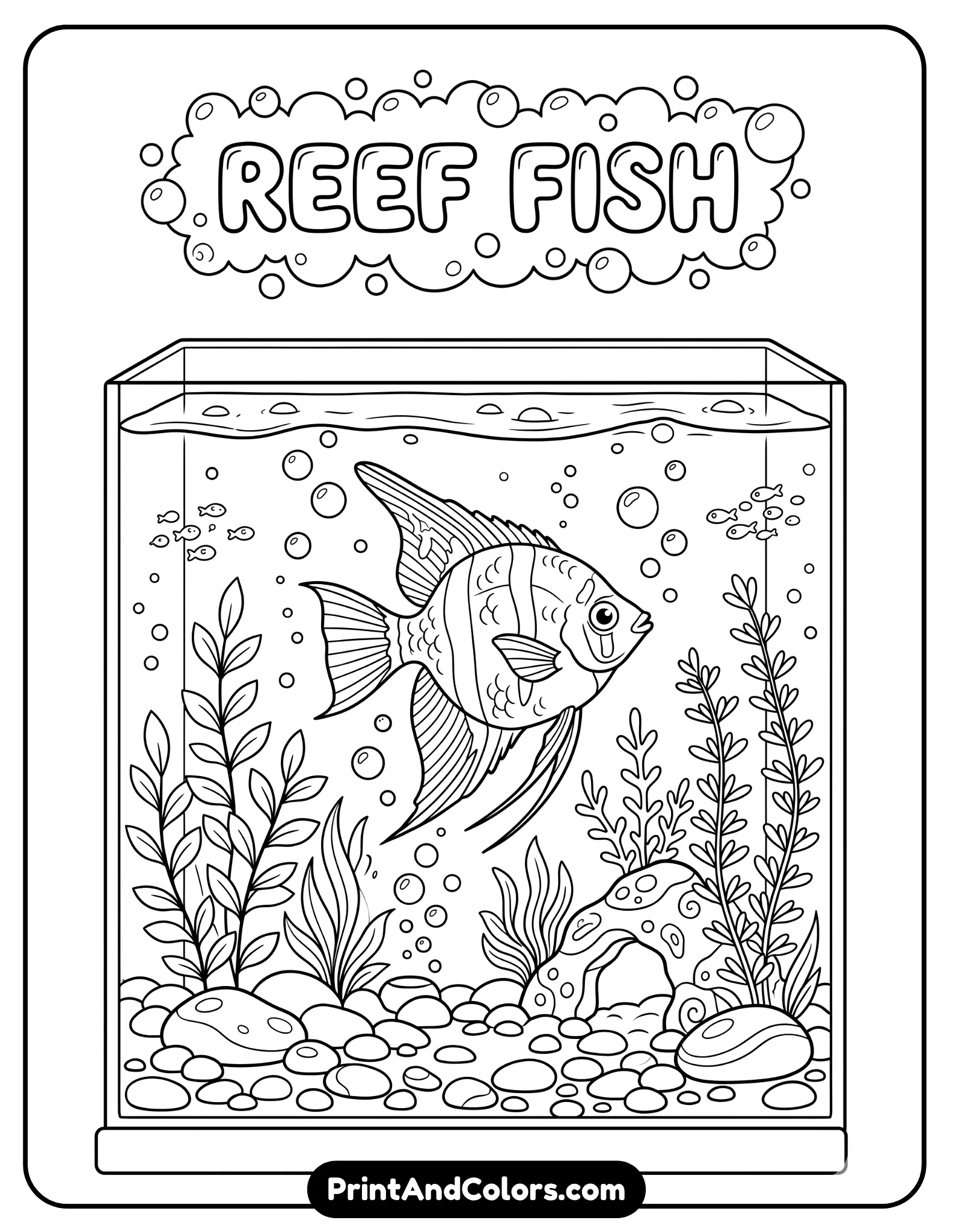 Line drawing of a reef fish inside a fish tank with decorative plants, pebbles, and bubbles. Clean outlines, simple interior tank setting