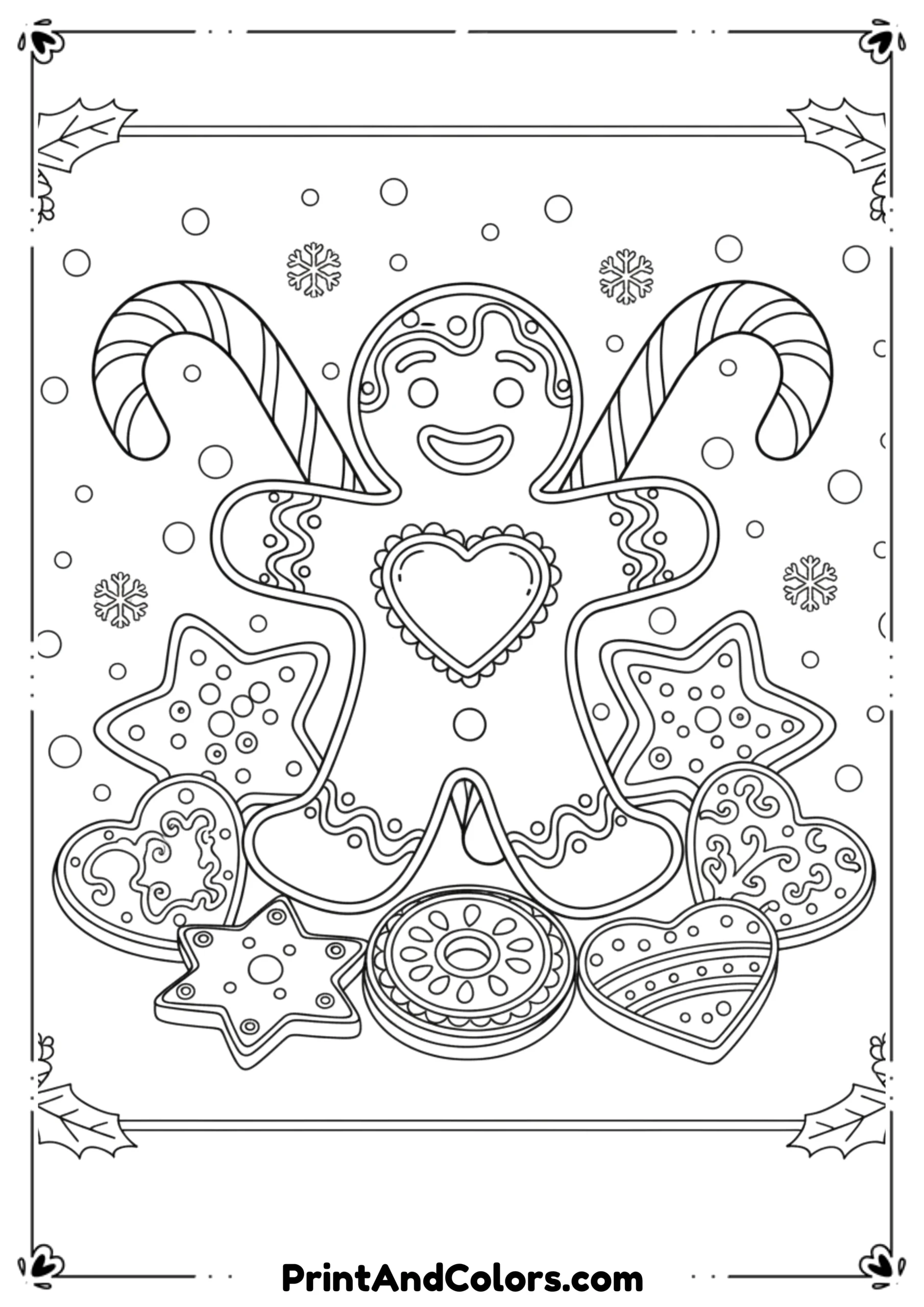 Line art of a gingerbread man with icing details, candy canes, and Christmas cookies.
