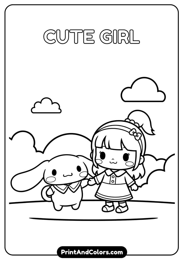 Cinnamoroll with a cute girl character holding hands, cartoon black and white outline, no colors, simple background