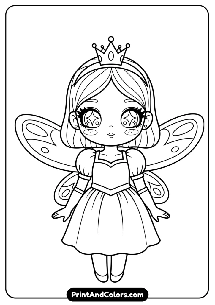 Black and white kawaii girl in a cute costume (like fairy or princess), big sparkling eyes, outlined clearly