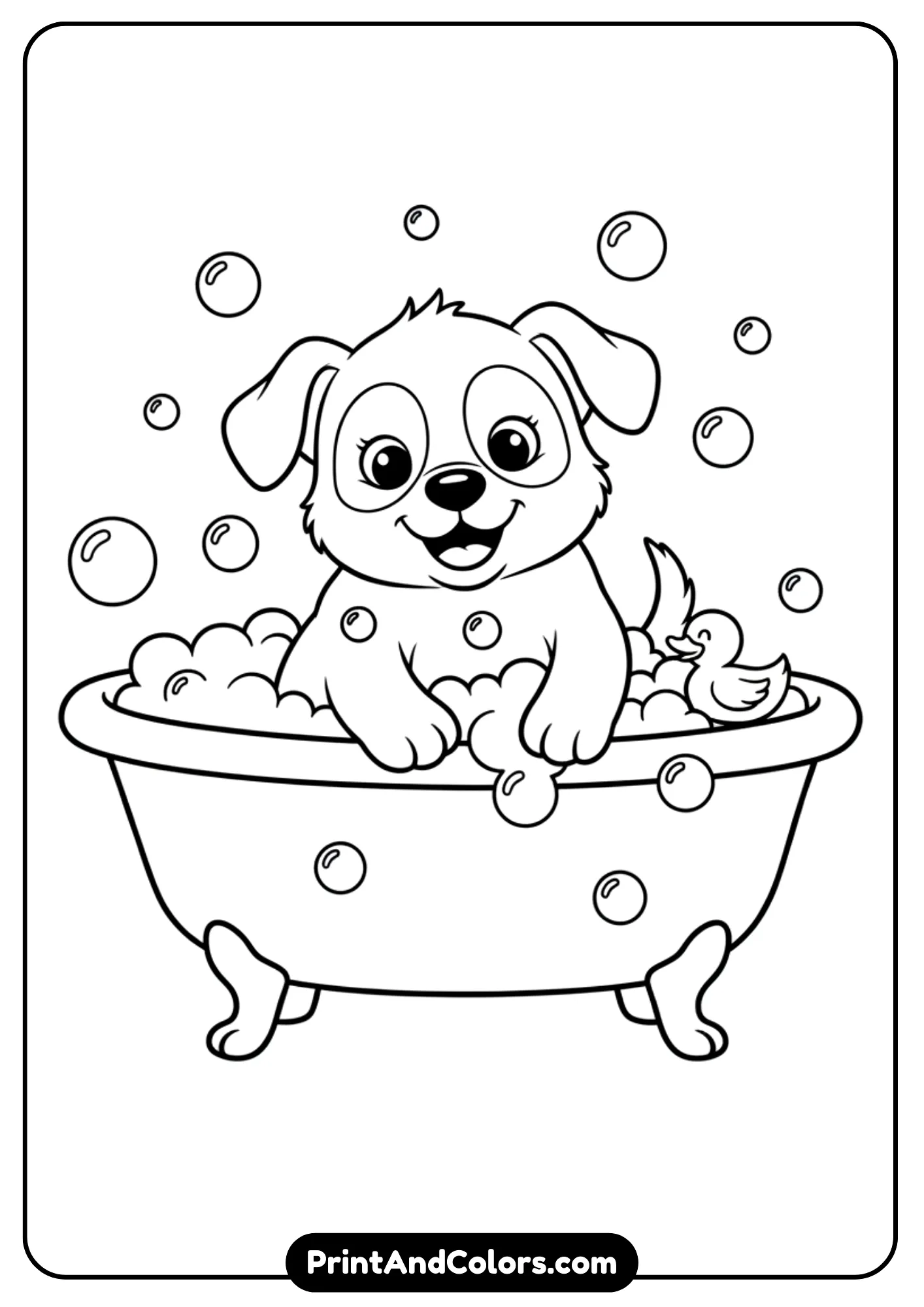 Outline art of a puppy being washed in a tub with bubbles around. Black and white clean design for kids’ coloring pages
