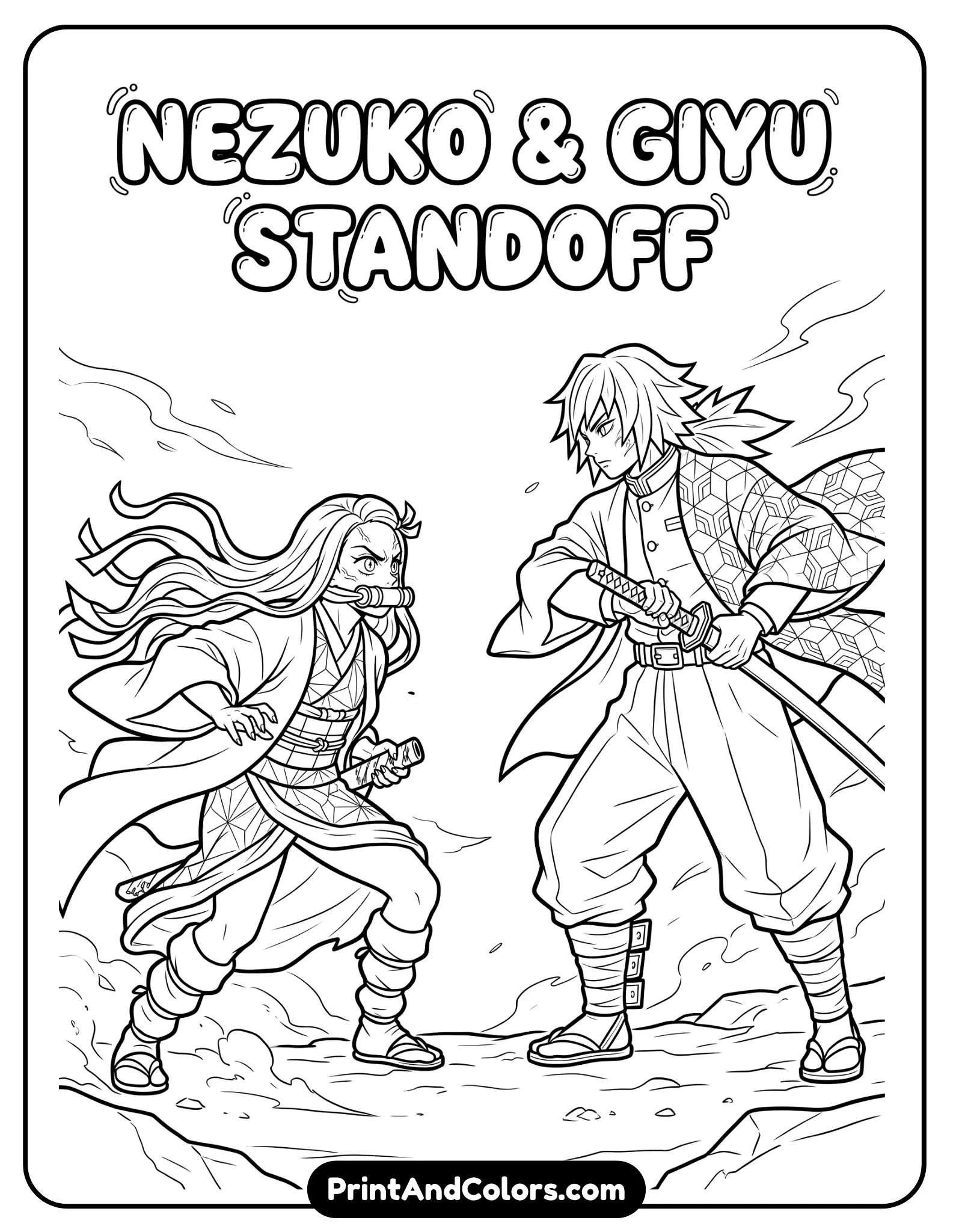 Line art of Nezuko and Giyu facing each other in a tense standoff, strong poses, flowing clothing, dramatic spacing between characters, minimal background, bold outlines