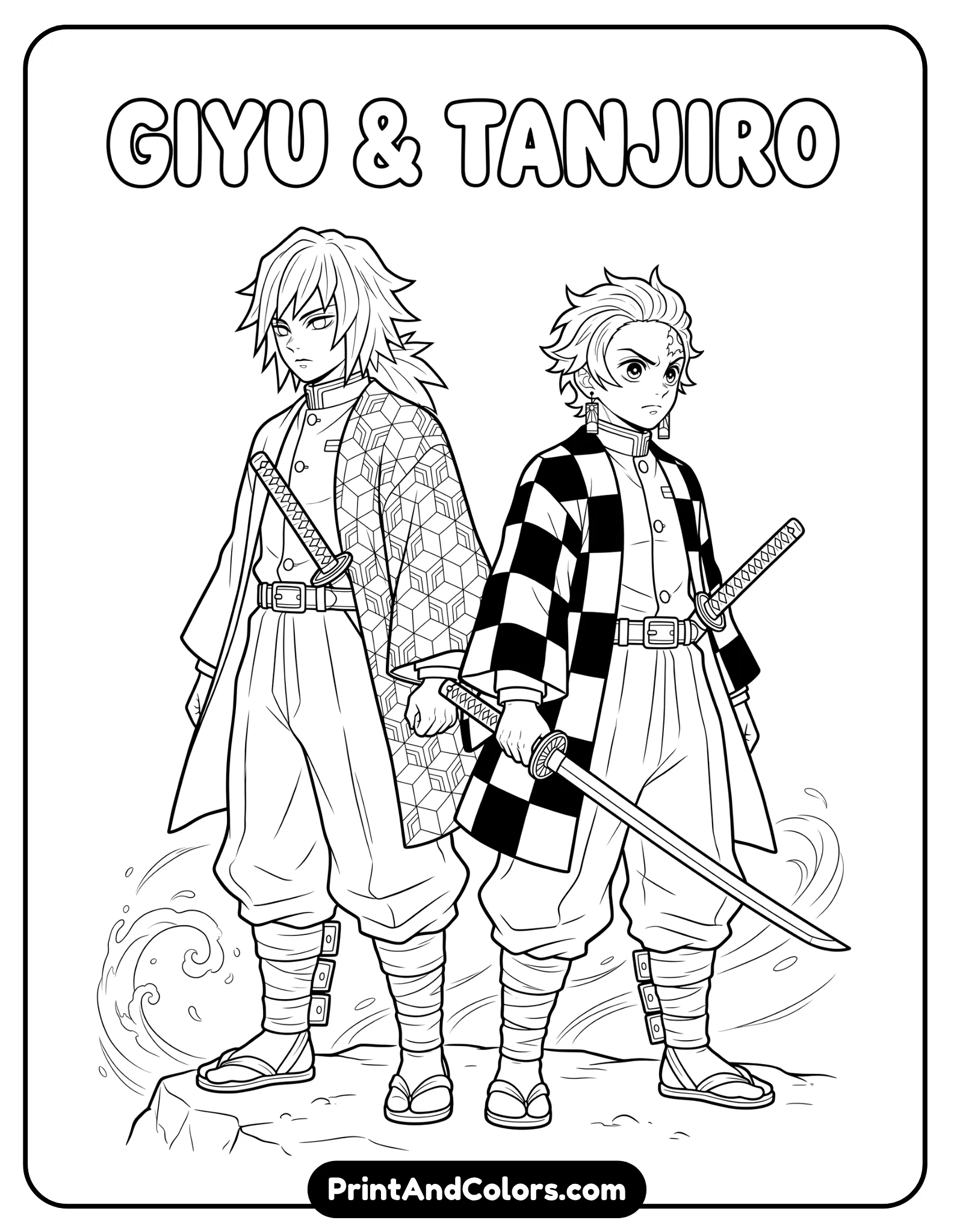 Giyu and Tanjiro standing back-to-back, calm yet strong stance, detailed clothing lines, minimal background, clean line art