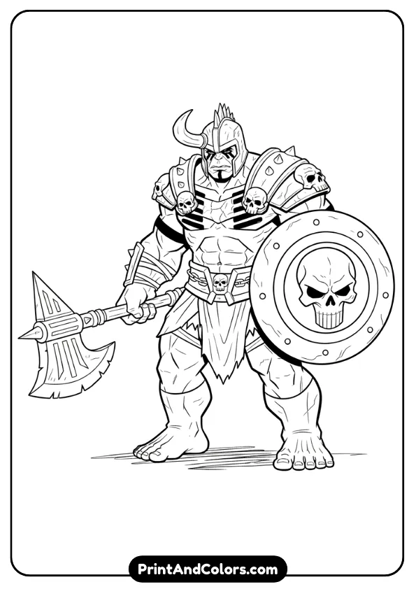 Gladiator Hulk from Ragnarok, helmet, shoulder armor, war paint lines, holding weapon, strong comic outlines