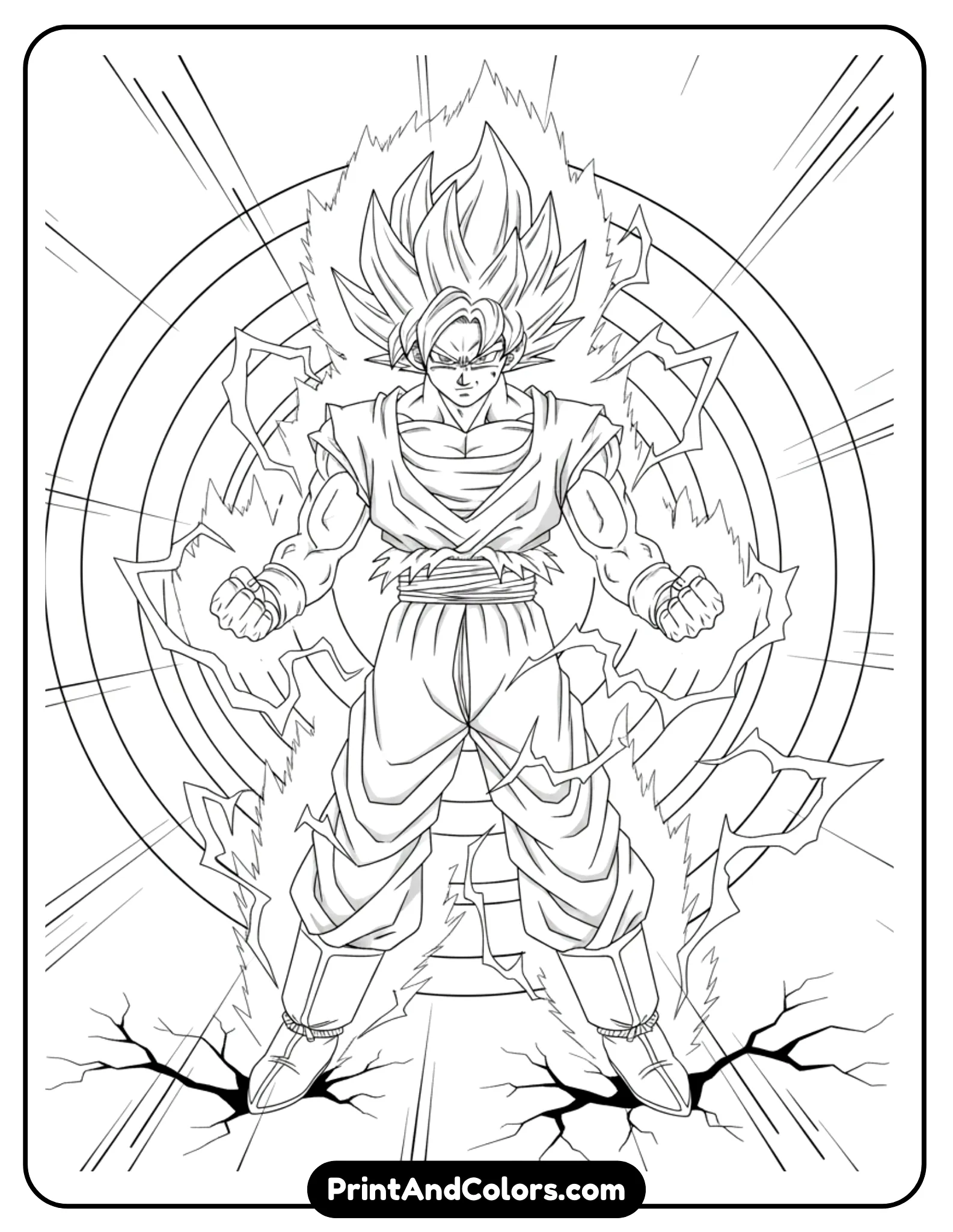 Create a dramatic black and white line art illustration of Goku transforming into Super Saiyan 2. His hair is sharper and more defined, lightning bolts crackle around his body, and intense energy explodes outward. Goku’s fists are clenched, eyes fierce, and ground beneath him cracked. Use bold, clean outlines, no shading, no grayscale, perfect for high-energy coloring pages.