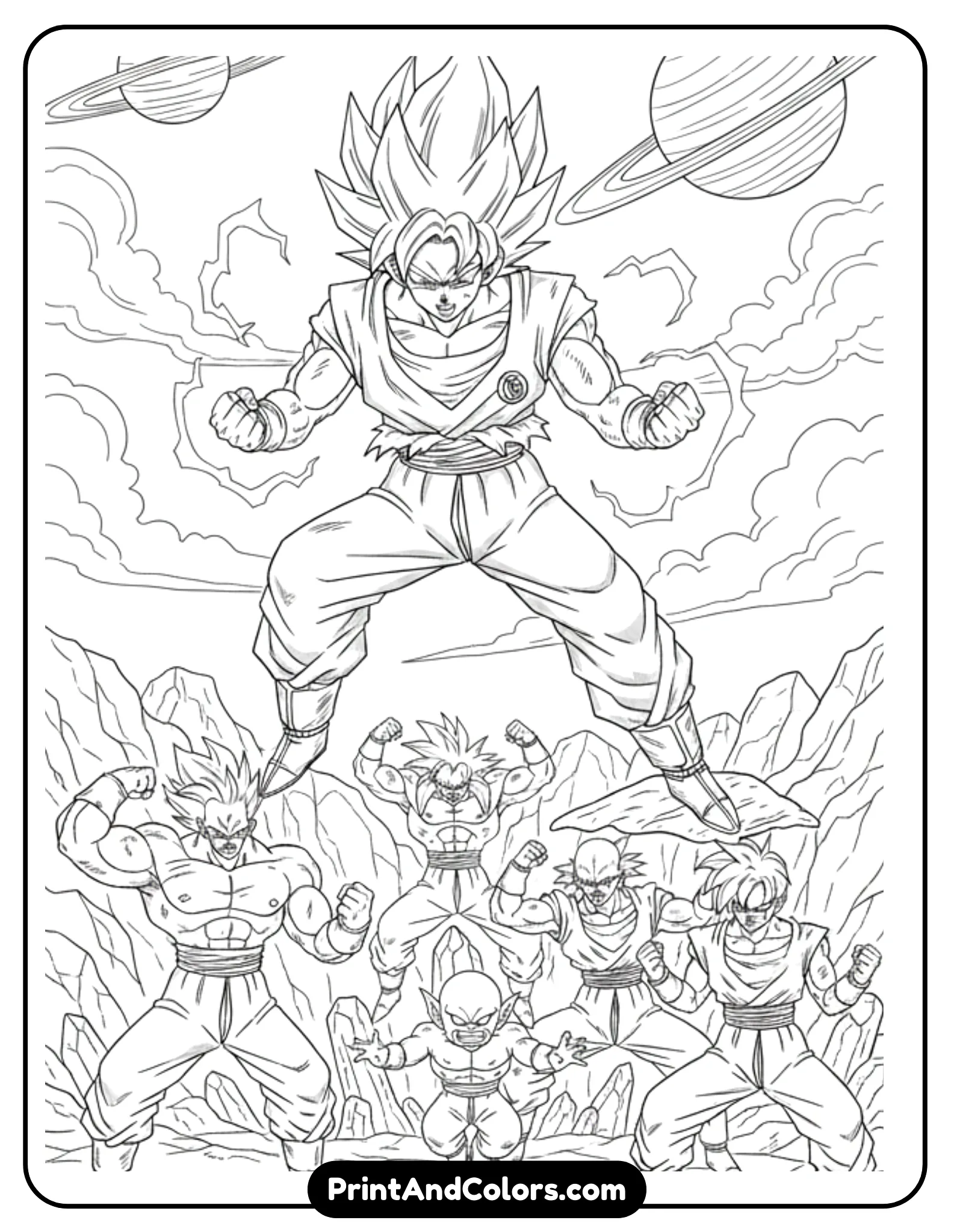 Illustrate Goku landing heroically on Planet Namek while facing members of the Ginyu Force. Dynamic poses, Namek-style rocky terrain and sky elements drawn simply. Black and white line art with clear character separation for easy coloring.