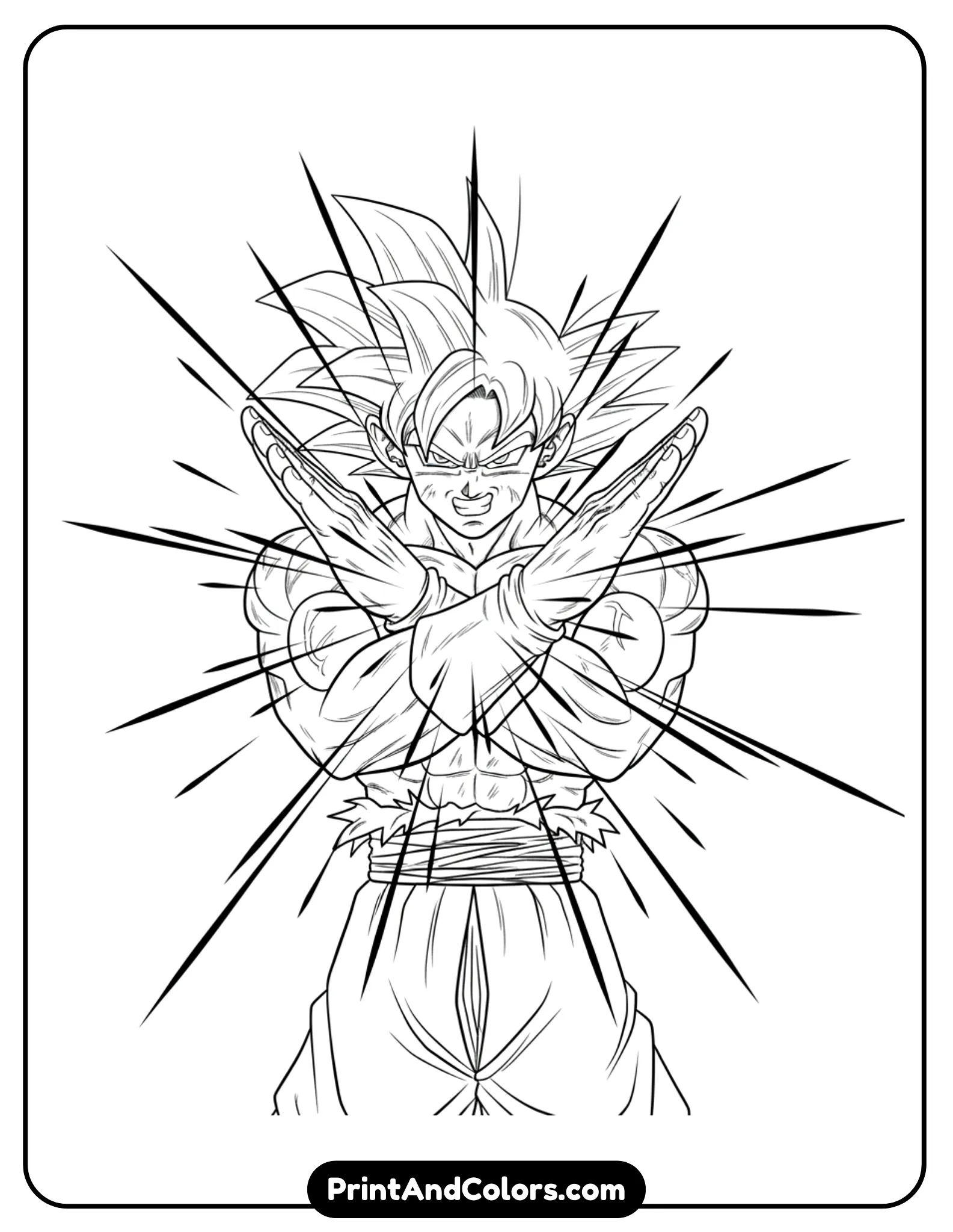 Draw Goku bracing himself while blocking an incoming attack with crossed arms. Energy sparks and impact lines show strength and resistance. Intense expression, bold outlines, no color or shading.