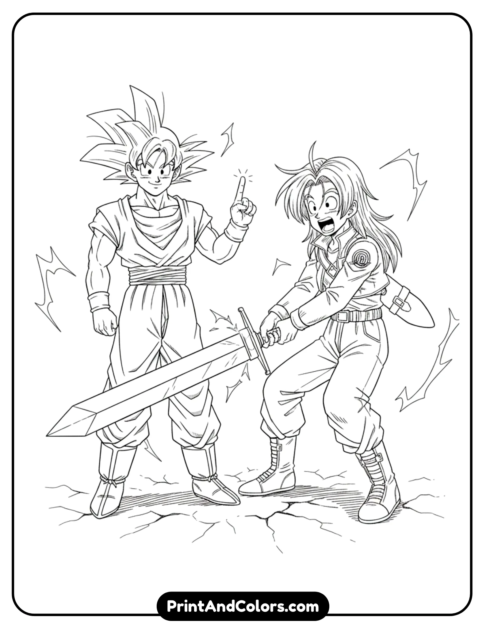 Create a detailed black and white line art scene of Goku calmly blocking Future Trunks’ sword using just one finger. Goku’s expression is relaxed and confident, while Trunks looks shocked. Clean outlines, minimal background, strong contrast for coloring.
