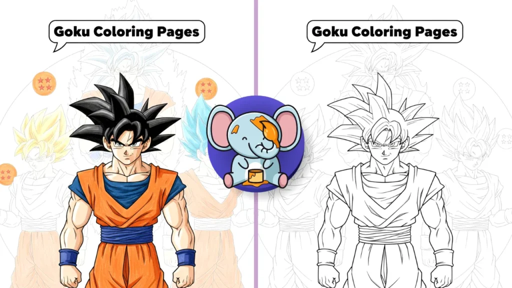 Featured black and white anime line art of Goku with Dragon Balls and transformation silhouettes for free printable coloring pages