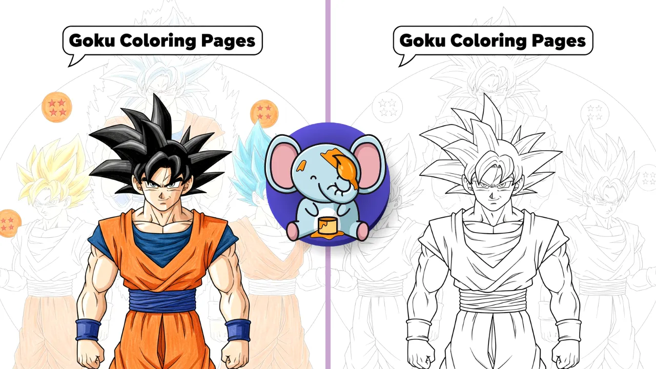 Featured black and white anime line art of Goku with Dragon Balls and transformation silhouettes for free printable coloring pages