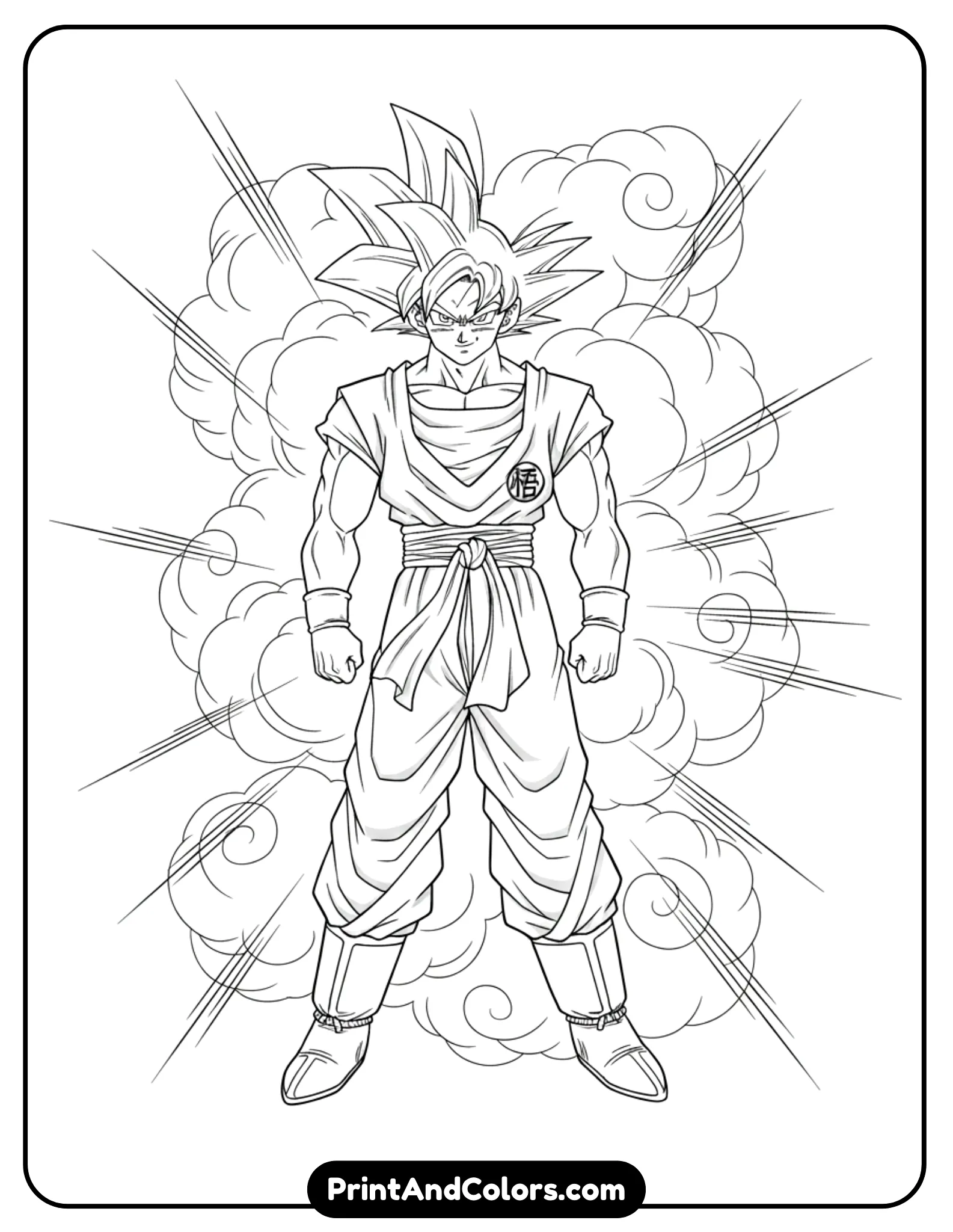 Create a detailed black and white line art illustration of Goku in a classic anime style, standing in a confident hero pose. He wears his traditional martial arts gi with belt and boots. The character should have clean outlines, expressive eyes, spiky hair, and simple background elements like soft clouds or energy lines. The artwork must be high-contrast, no shading, no grayscale, thick and thin stroke variation suitable for kids and adults coloring pages, printable on white paper.