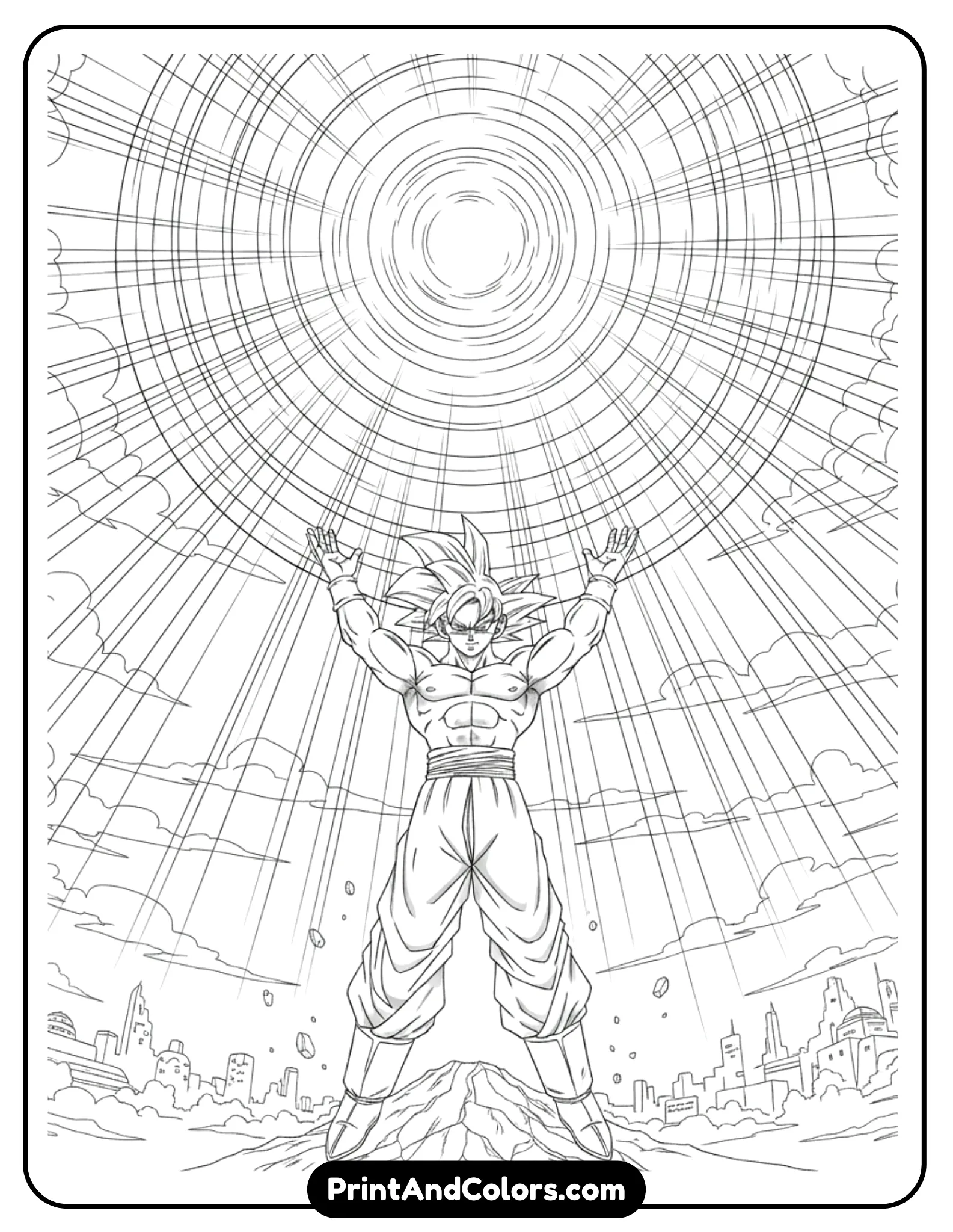Illustrate Goku holding his hands high above his head while forming a massive Spirit Bomb. Energy lines flow downward from the sky into the glowing sphere. Clean outlines, epic scale, no shading.