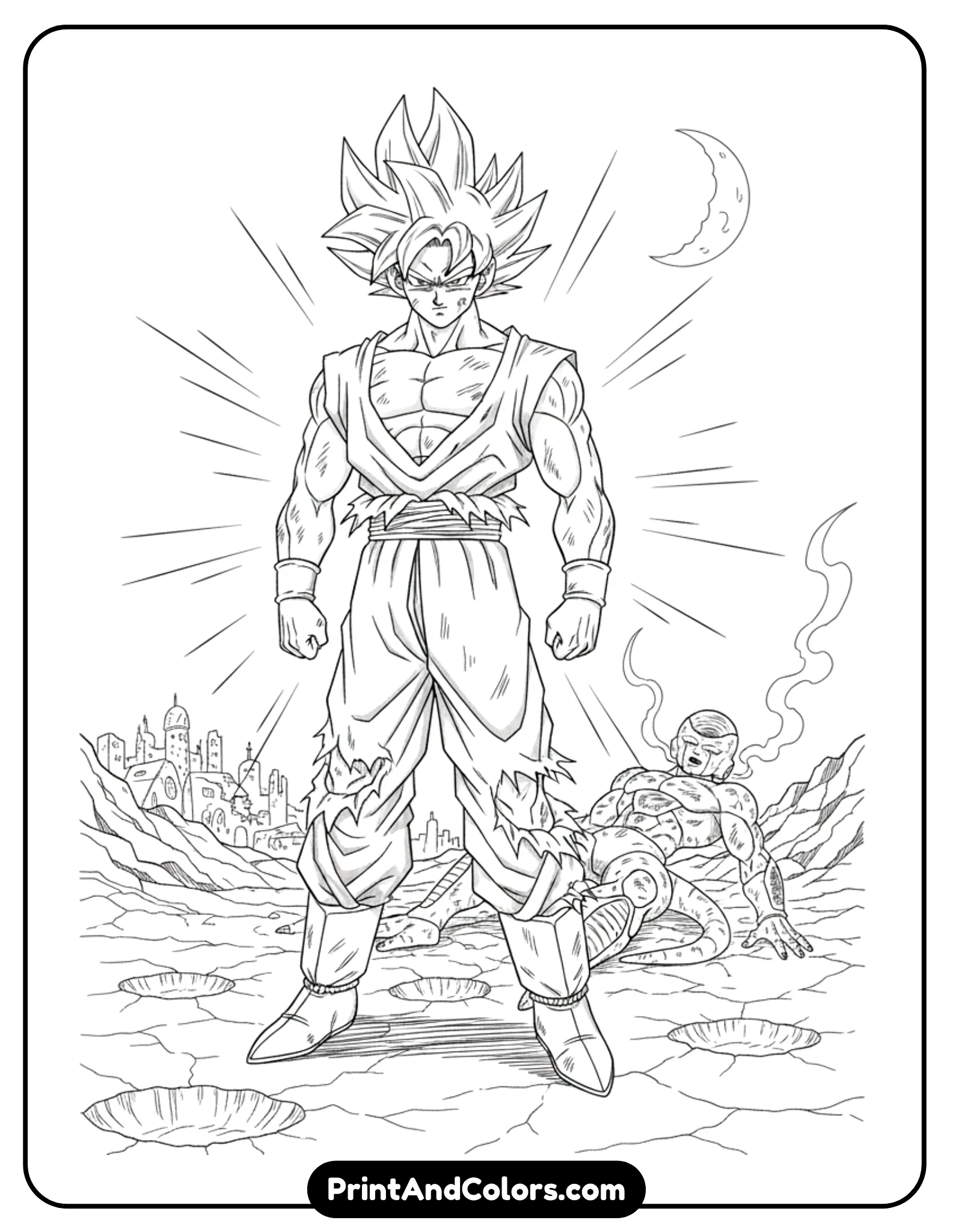 Draw Goku standing victorious over Frieza after their final clash on Namek. Goku’s clothes are torn, expression calm but strong. Frieza appears defeated in the background. Clean black line art, cinematic feel.
