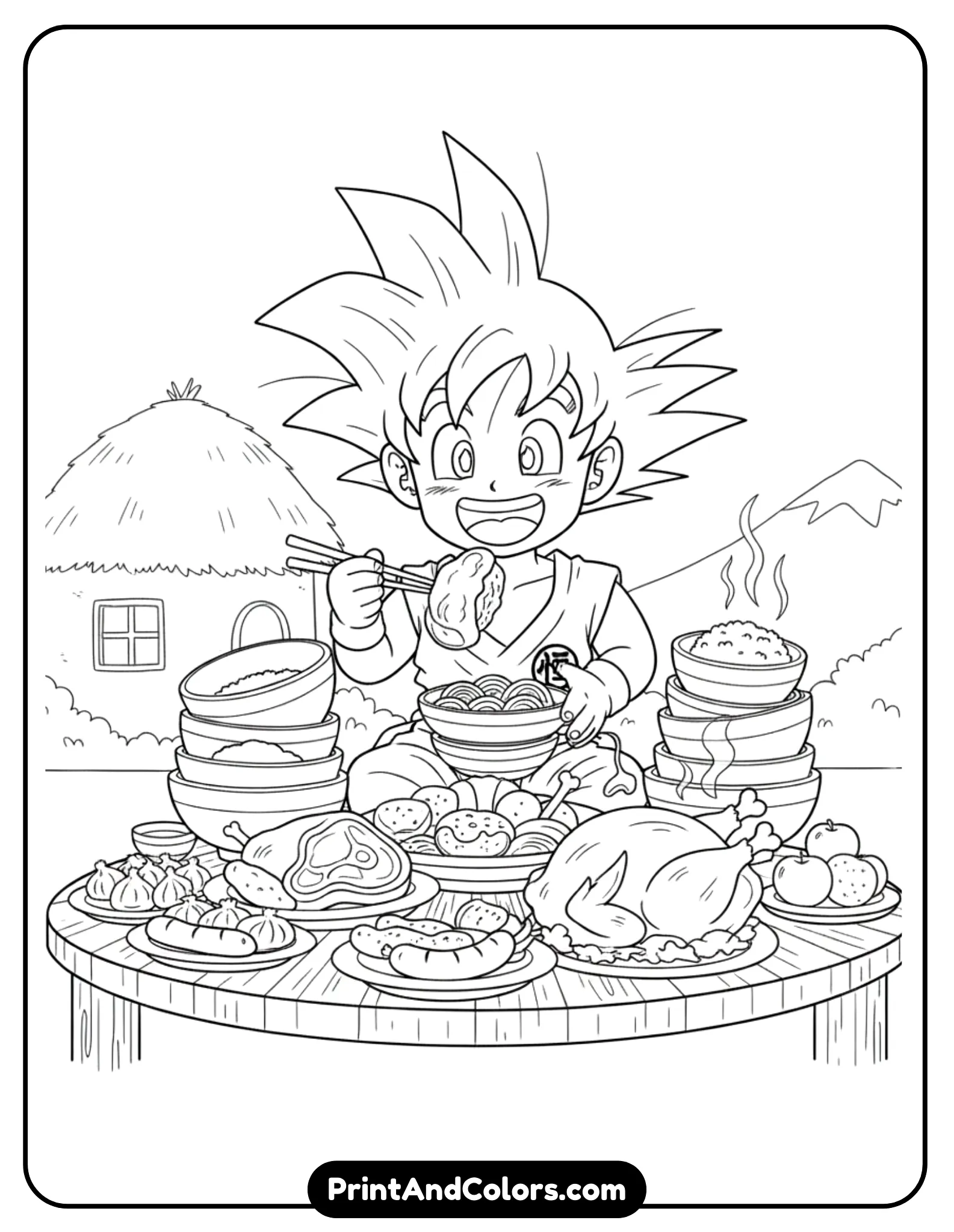 Create a cute anime-style black and white line art scene of Goku sitting at a table stacked with food bowls, plates, and meat. He has a wide joyful smile and excited eyes. Food should be outlined clearly but simply. No shading, no color, playful style perfect for kids.