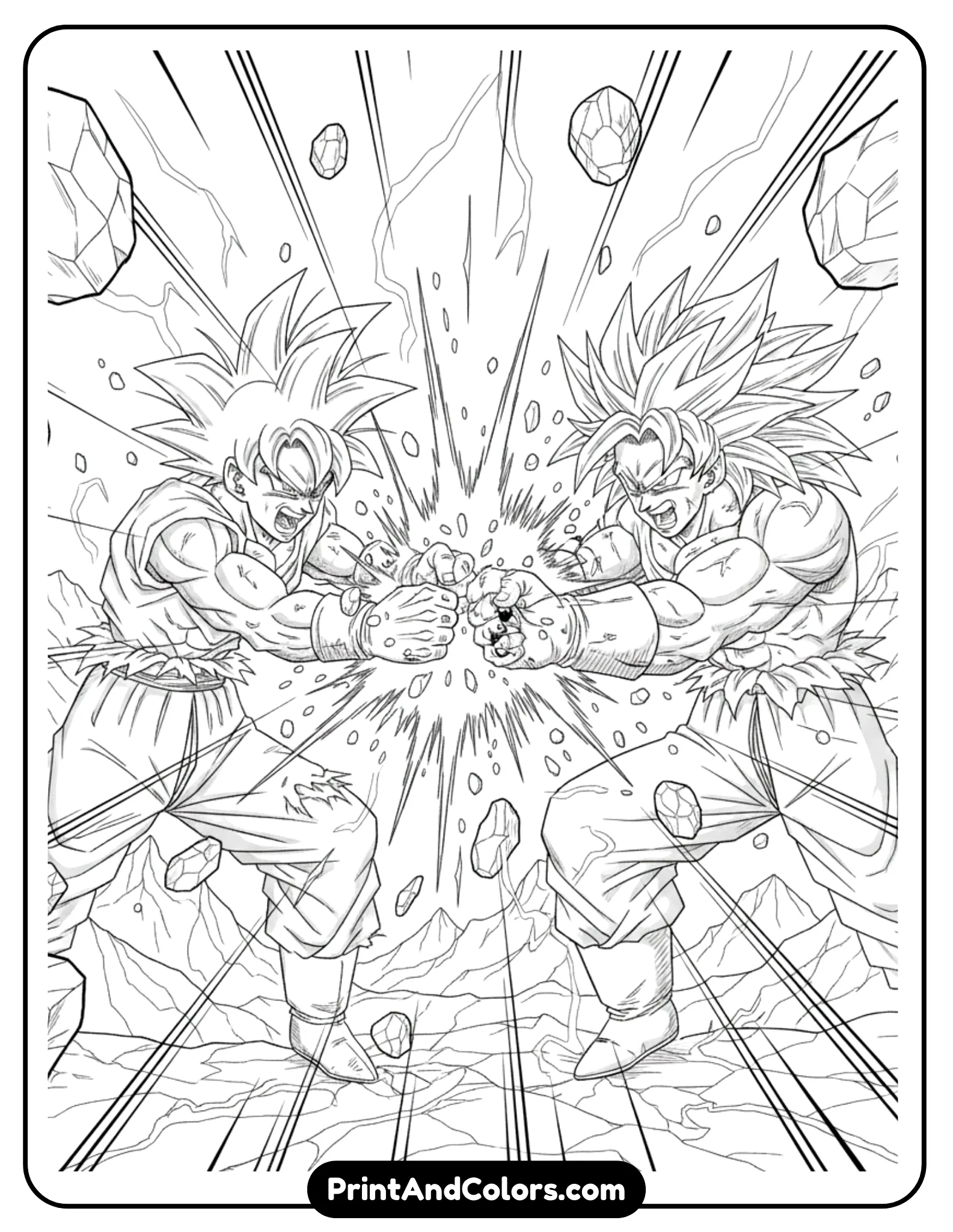Draw Goku and Broly clashing in an explosive battle scene. Massive energy collisions, flying debris, intense expressions. Use dynamic action lines and bold outlines. No shading.