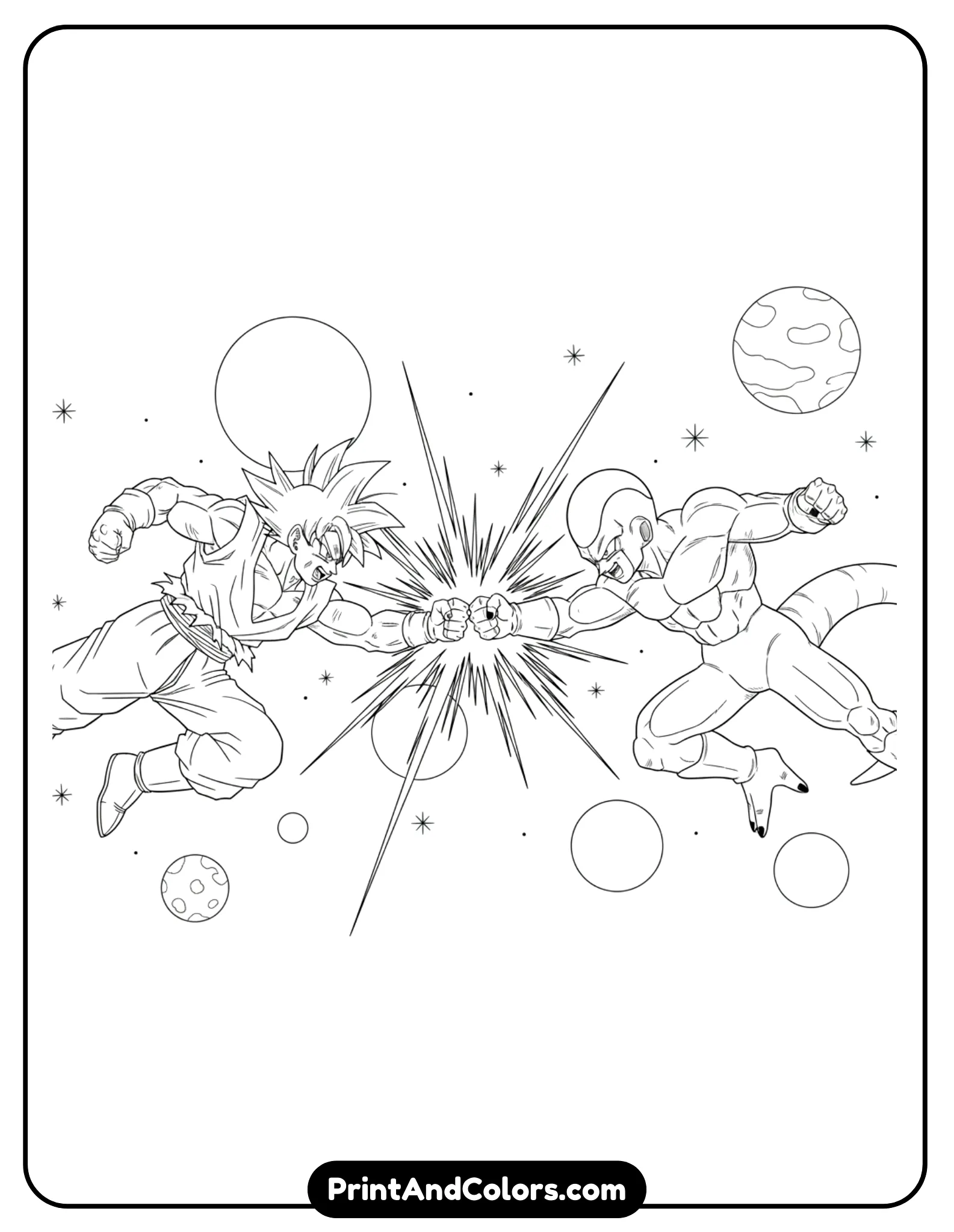 Draw Goku and Frieza clashing mid-air in space, fists colliding with explosive energy lines. Add planets and stars in the background using simple outlines. High-energy action pose, clean black line art only, no shading.