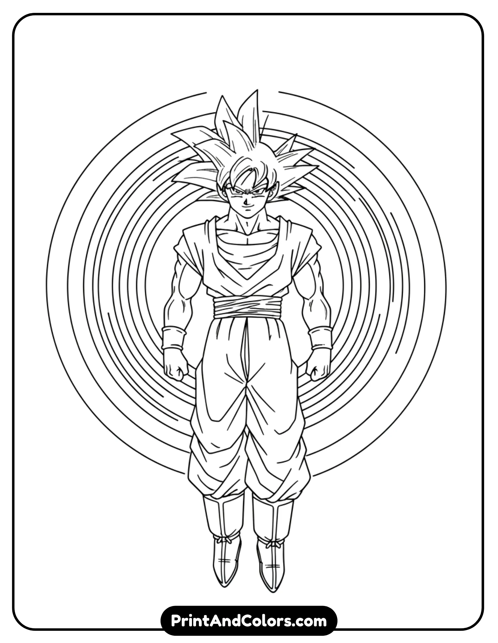 Draw Goku levitating mid-air with legs slightly bent and arms relaxed. Energy waves ripple outward in circular patterns. Expression is confident and focused. Use crisp black outlines, no shading, blank background.