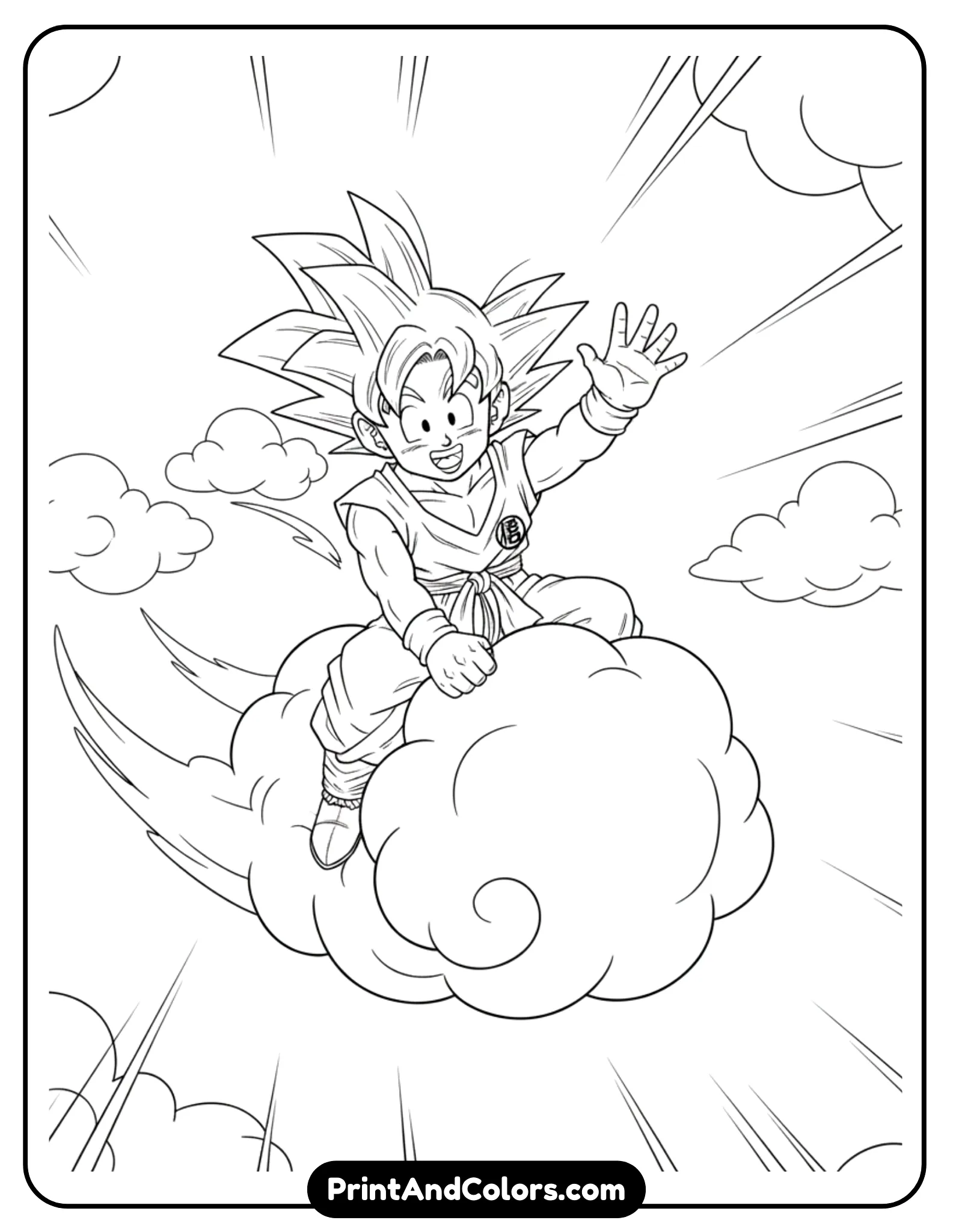 Draw Goku riding the Nimbus cloud high in the sky, smiling joyfully with one hand waving. The cloud should look fluffy with curved line details, while the sky background includes simple clouds and motion lines. Black and white outline art only, friendly and playful style, suitable for children’s coloring pages.