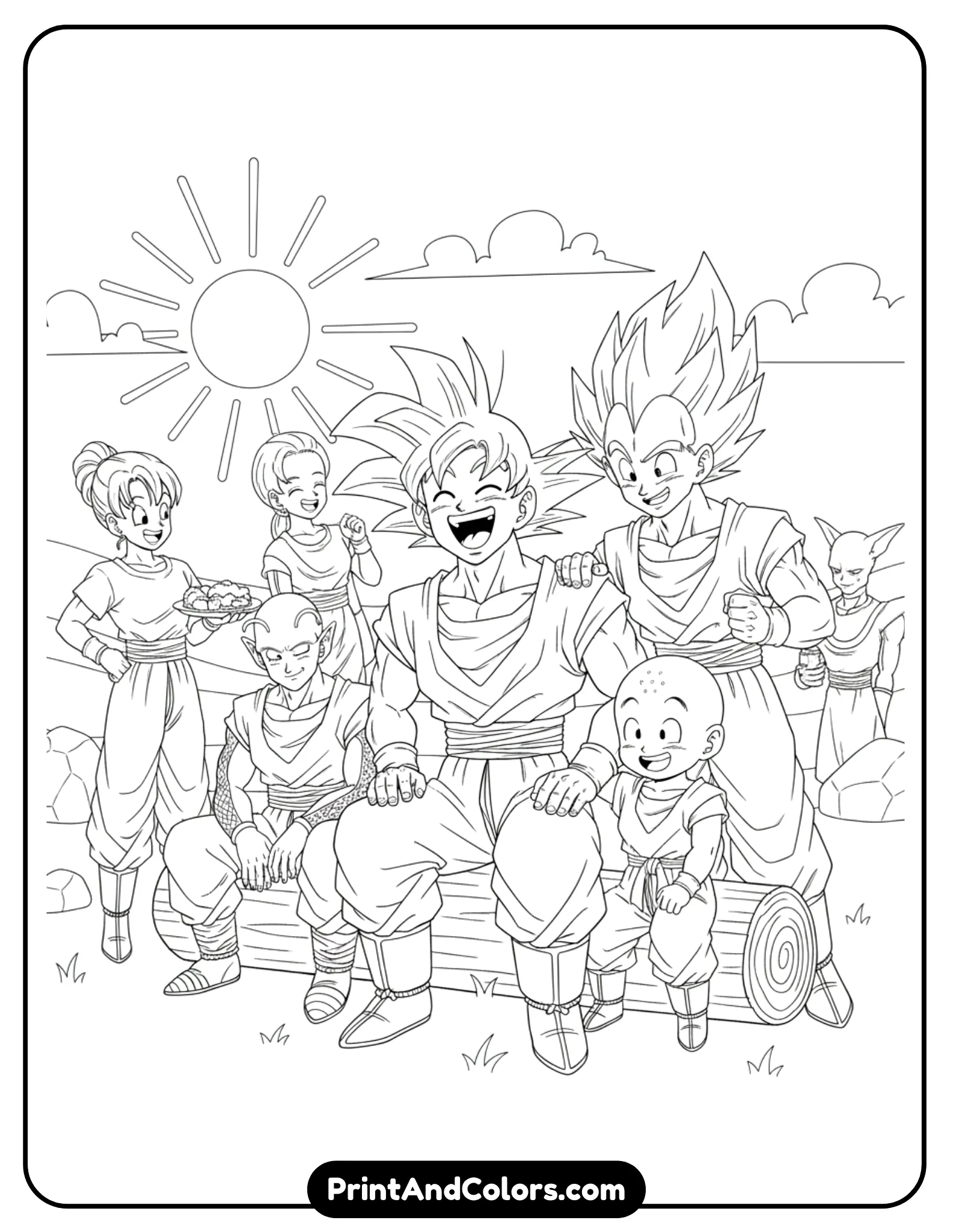 Illustrate Goku laughing joyfully alongside friends in a relaxed post-mission scene. Characters sit or stand casually with friendly expressions. Simple background, focus on faces and body language. Clean black outlines, no shading.
